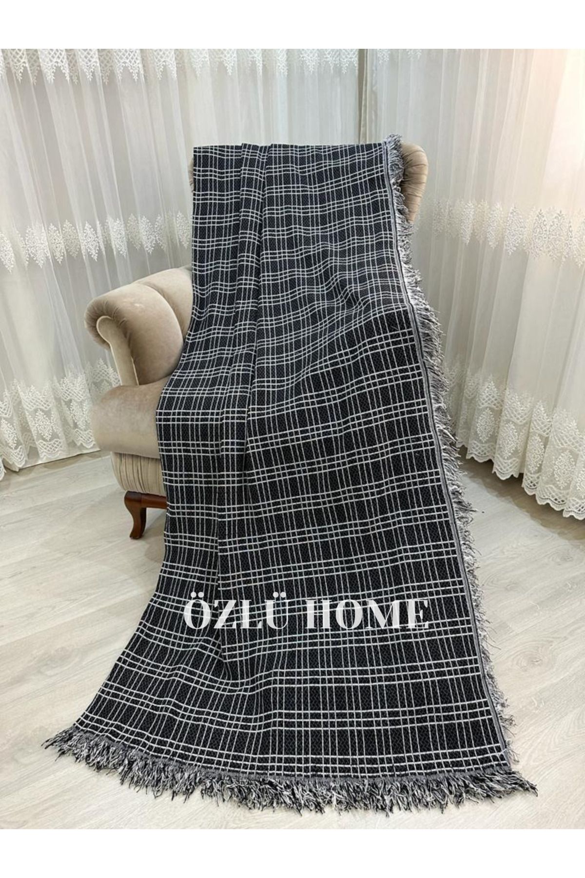 Хлопковый диван Özlü Home - Чехол на диван-кровать 170x220, чехол в клетку, черный чехол для дивана в клетку