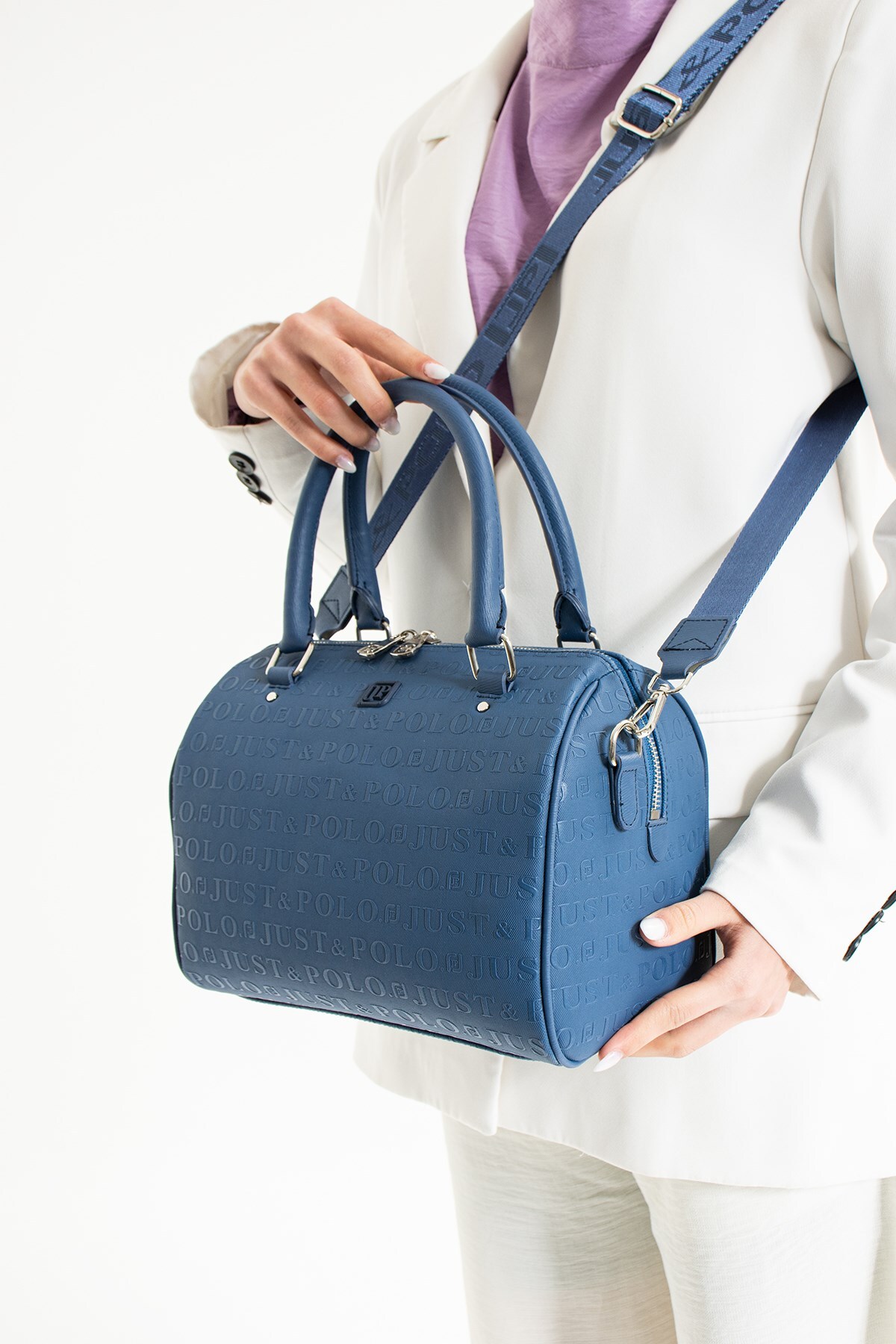Oversized Handmade Women's Thick Strap Shoulder Bag with Saddle Stitching 4085 Navy Blue