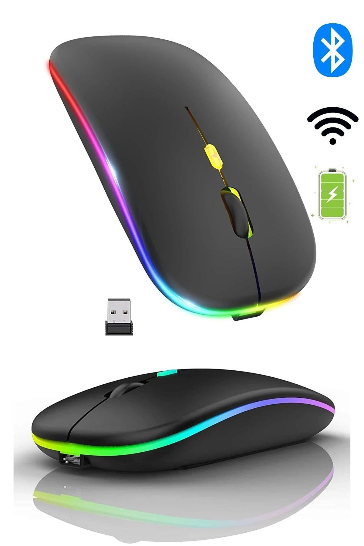 Çift Modlu Kablosuz Bluetooth Mouse Rgb Ledli Şarj Edilebilir Sessiz Tıklama Ergonomik 2