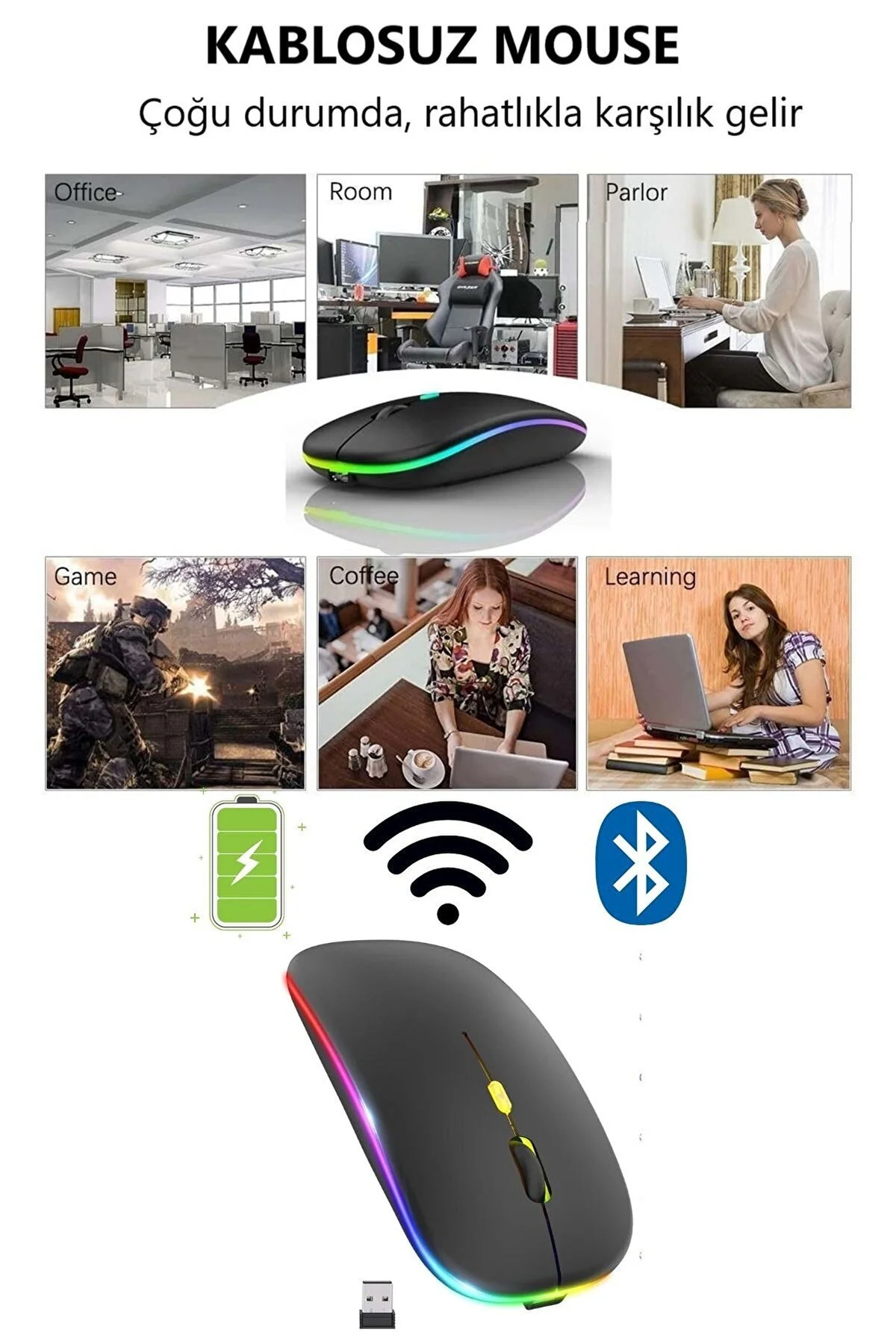 Çift Modlu Kablosuz Bluetooth Mouse Rgb Ledli Şarj Edilebilir Sessiz Tıklama Ergonomik 7