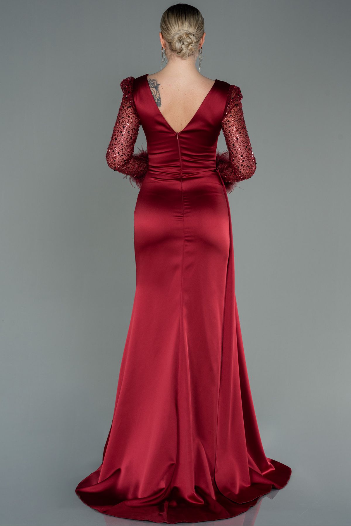 Abiyefon-Rochie de seara din satin cu paiete burgundy cu maneci lungi - cu fanta, ABU3080 2