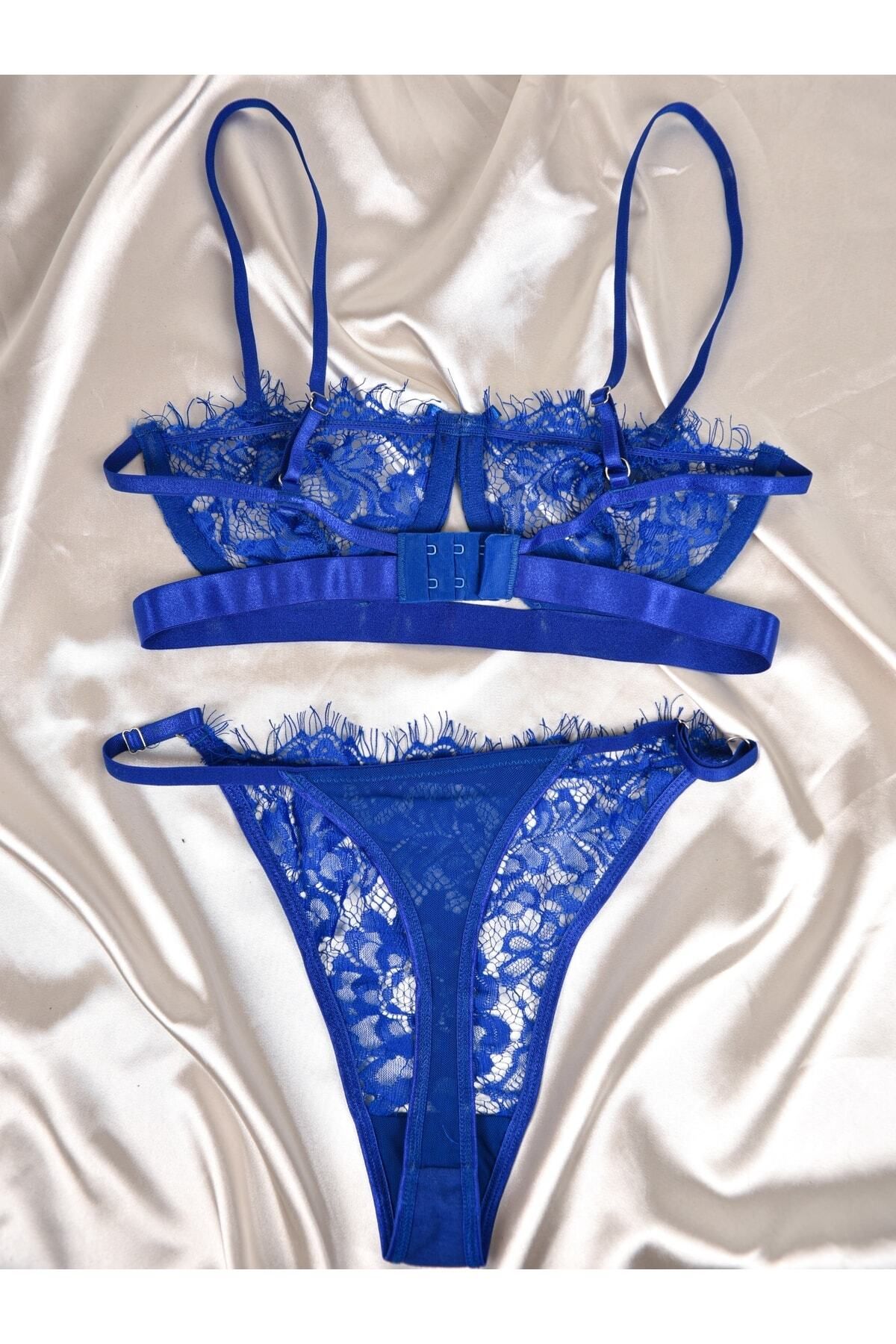 Veille Women's Underwire Saks Blue Lace Bra Set - Trendyol