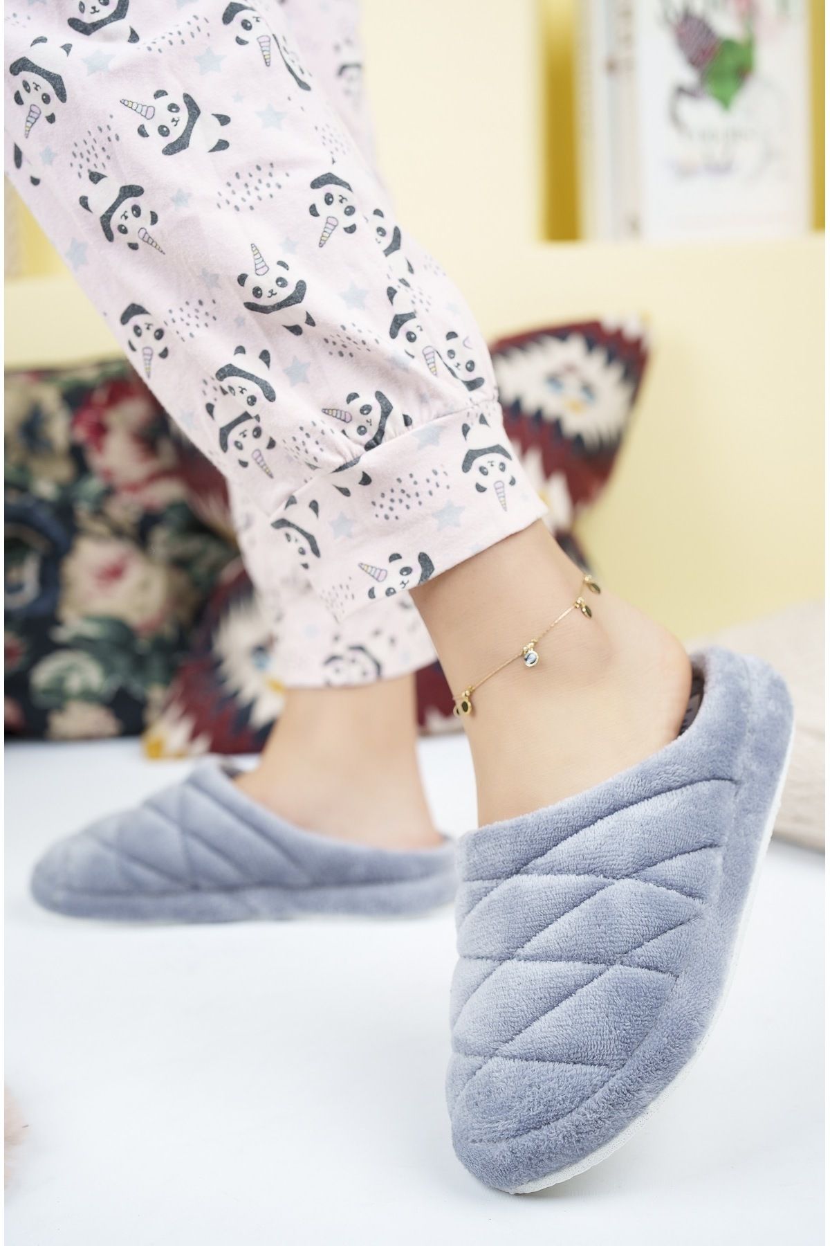 PLN SHOES Women s Plush Gray Winter House Slippers Trendyol