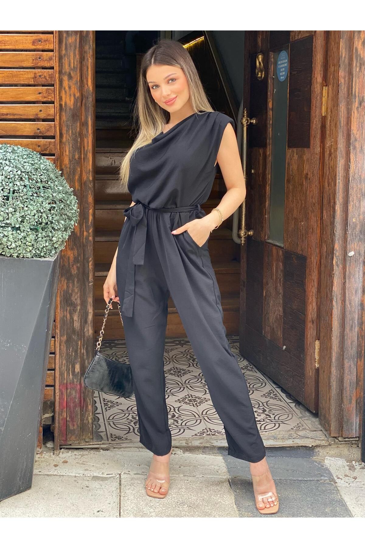Black outlet belted jumpsuit