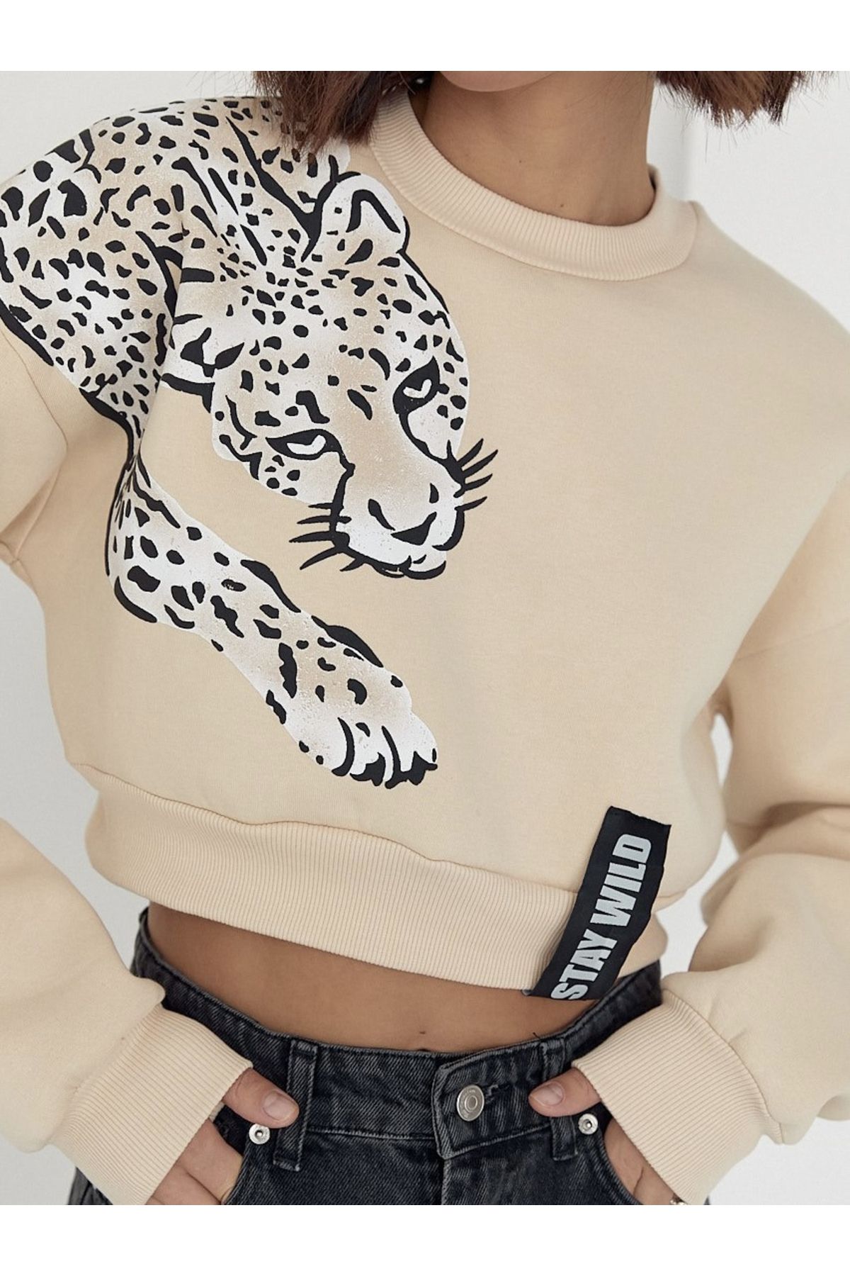 YouLikeButik Leopard Printed Crop Sweatshirt Trendyol