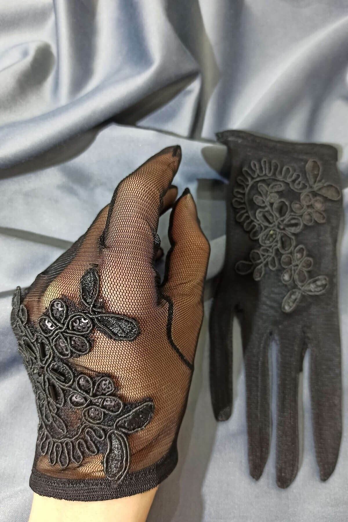 Hobigram Düğün Malzemesi Siyah Boncuk Işlemeli Eldiven – Düğün & Kına & Nikah, Şık Tasarım, Kadın Aksesuarı