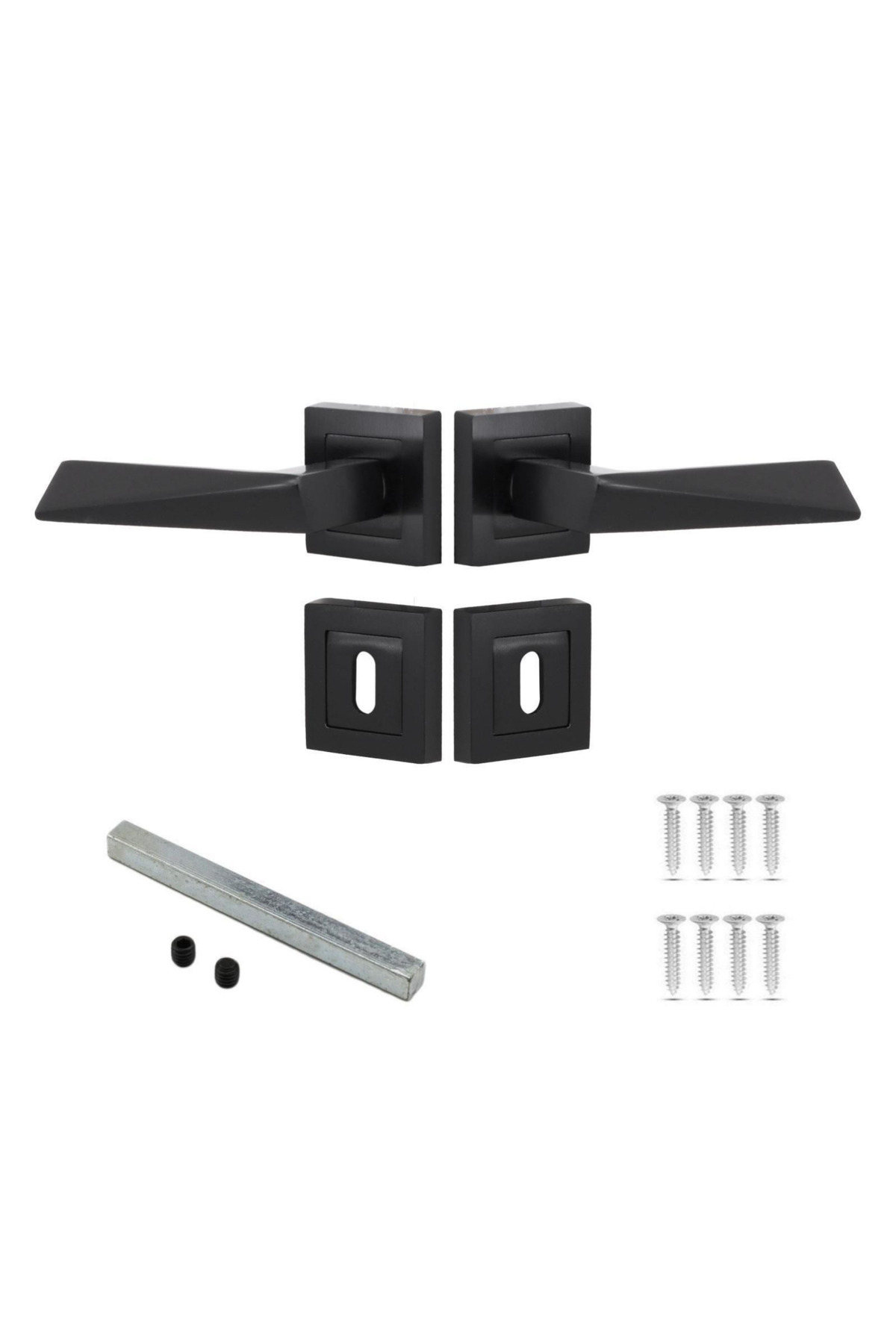 ARON-Matte Black (Room Type) Door Handle with Penta Square Rosette & Black Room Type Door Lock + Mounting Screws 3