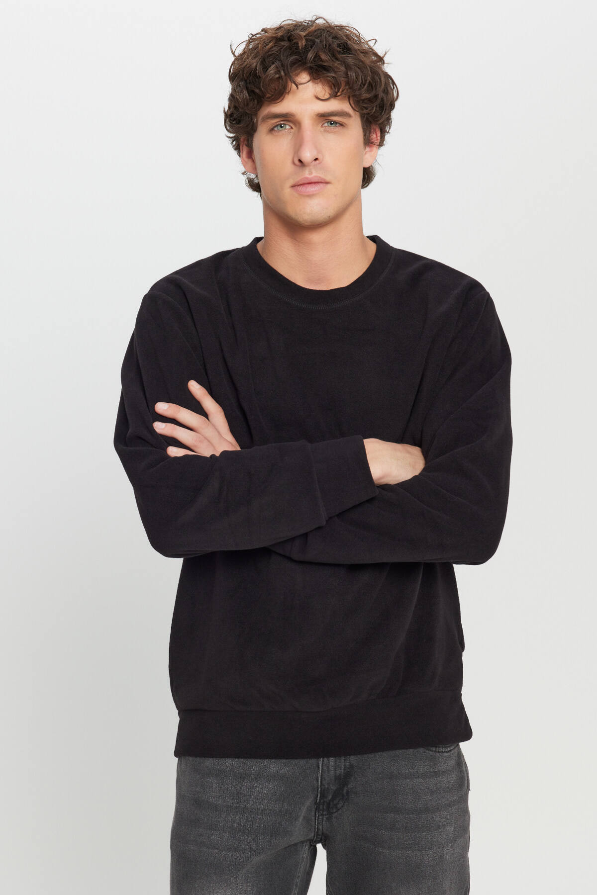 AC&Co / Altınyıldız Classics Erkek Siyah Polar Sweatshirt Standart Fit Normal Kesim Bisiklet Yaka görsel 3
