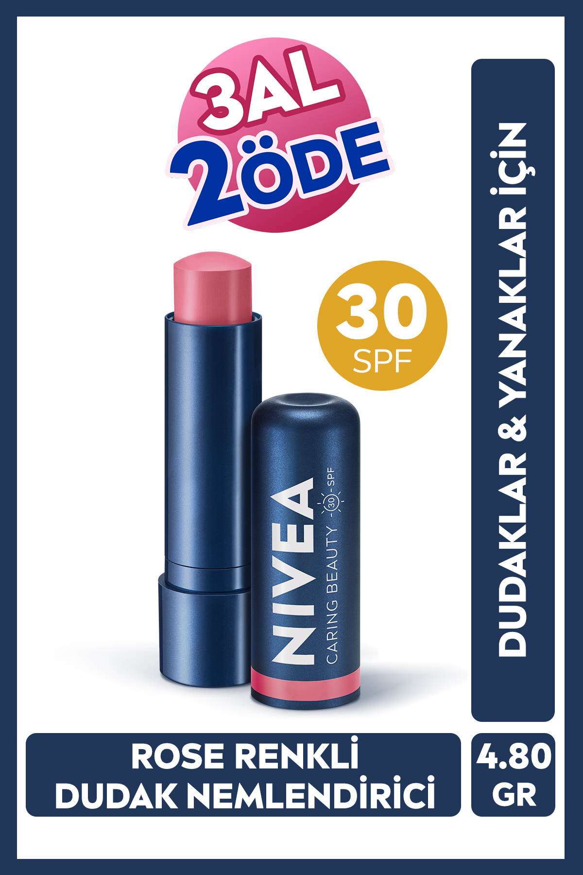NIVEA Renkli Nemlendirici Dudak Bakım Kremi Rose 4.8gr, Spf30, Allık Etkisi, Dudak Ve Yanaklar, E Vitamini