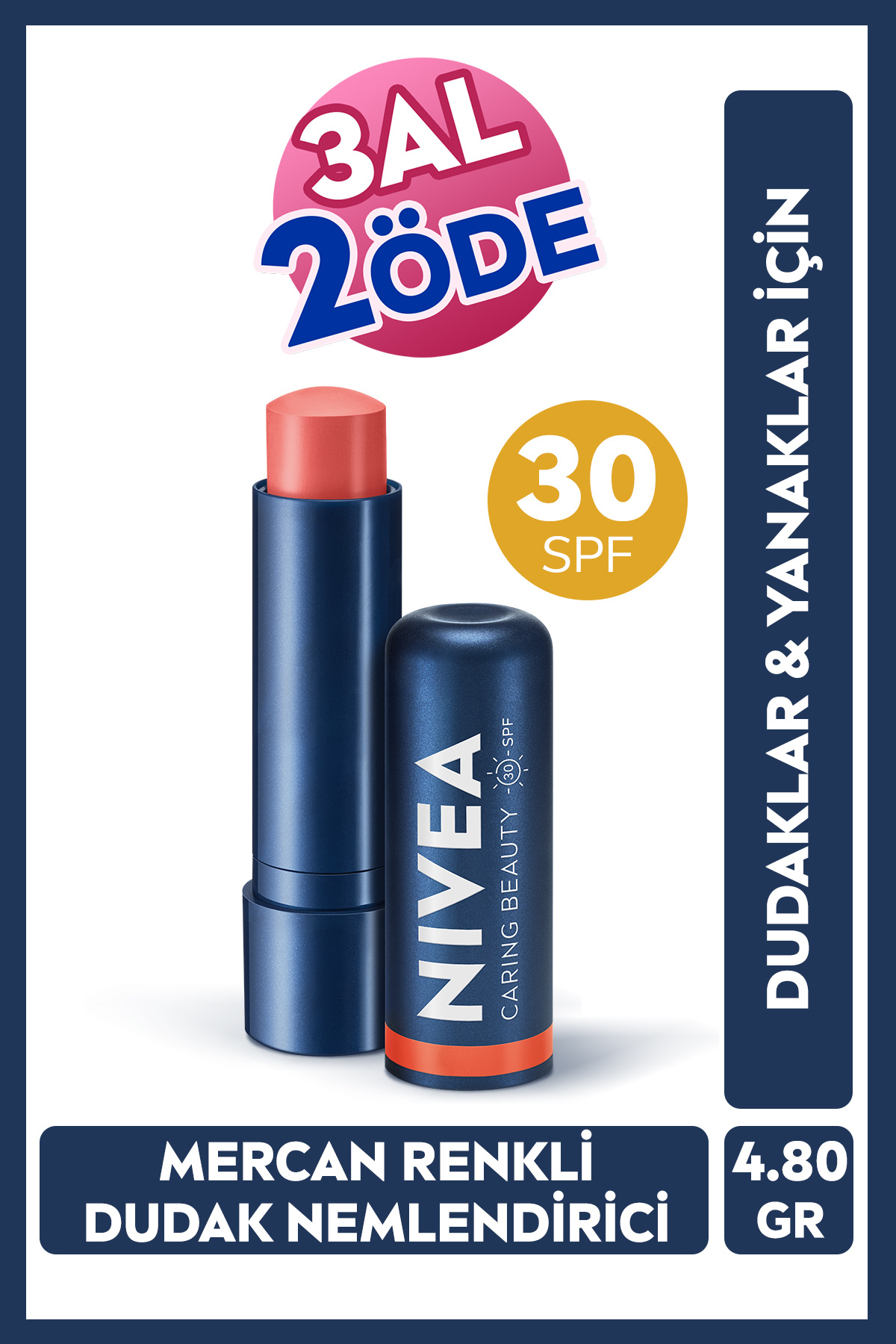 NIVEA Renkli Nemlendirici Dudak Bakım Kremi Mercan 4.8gr,spf30, Allık Etkisi, Dudak Ve Yanaklar, E Vitamin
