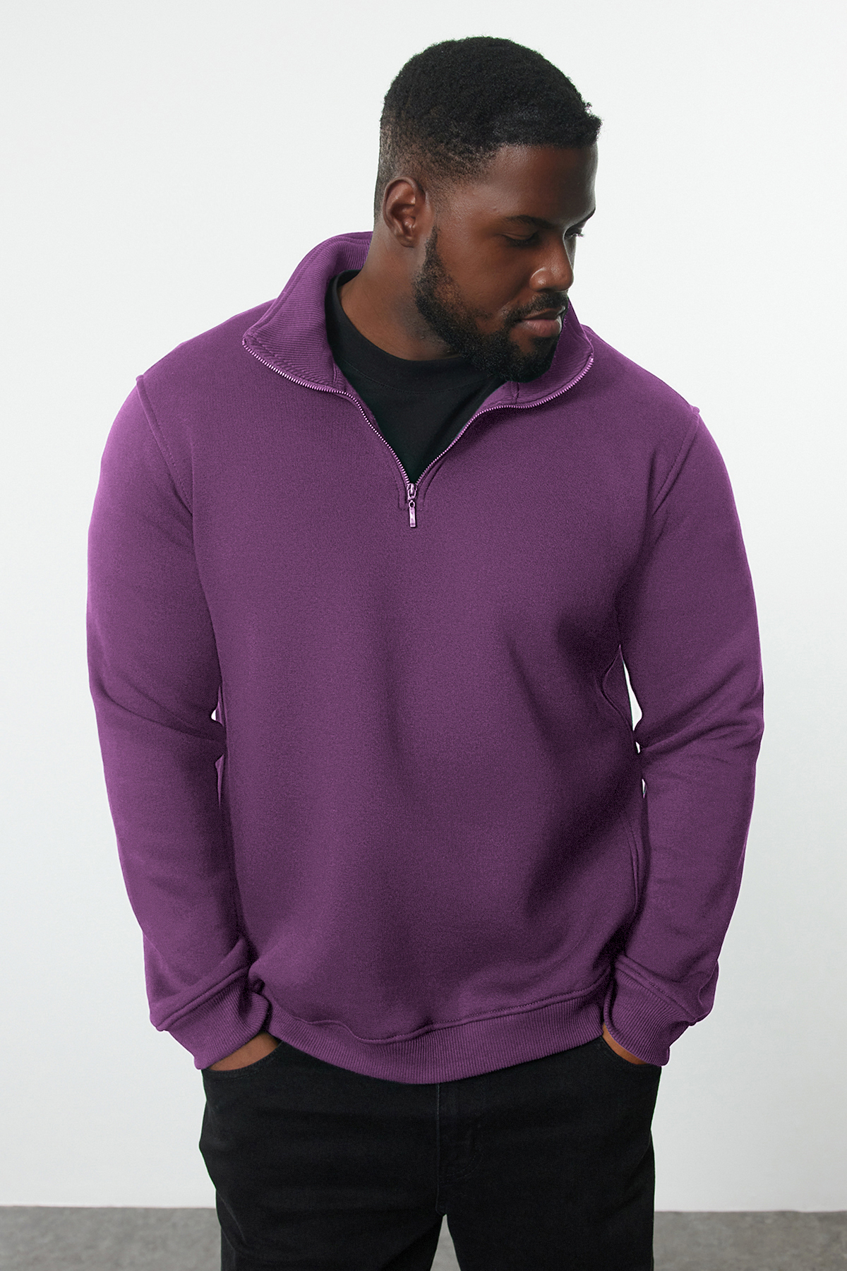  Trendyolmilla Man Mor Büyük Beden Oversize Dik Yaka Fermuarl? ?çi Polarl? Sweatshirt