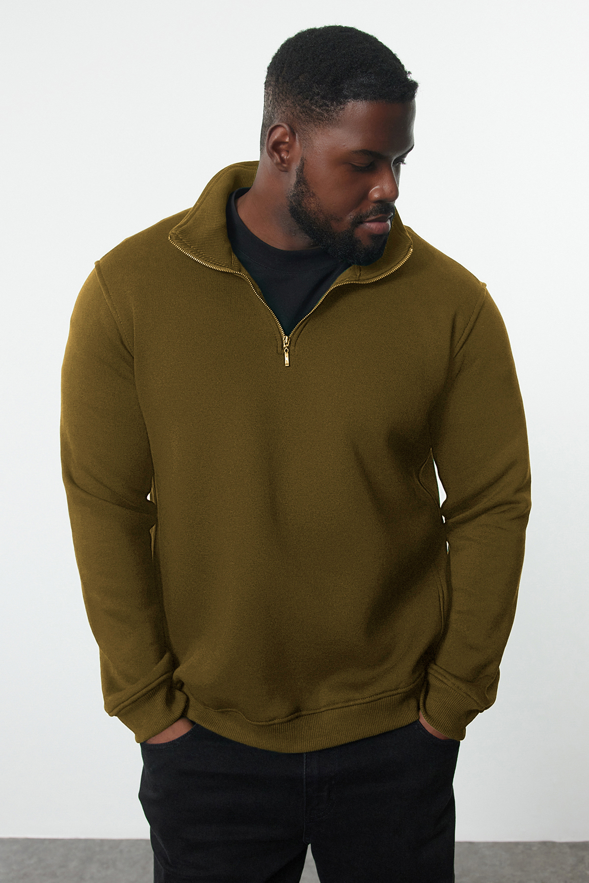  Trendyolmilla Man Ye?il Büyük Beden Oversize Dik Yaka Fermuarl? ?çi Polarl? Sweatshirt