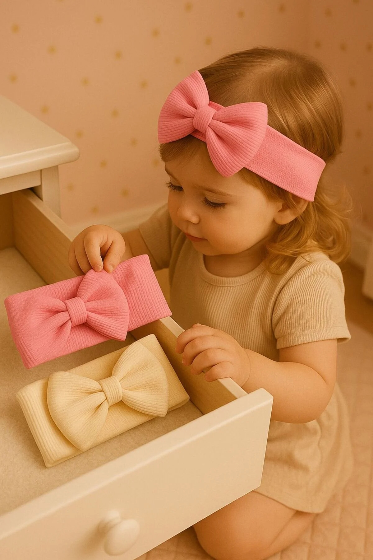 Pico Baby Kız Bebek & Çocuk Fiyonklu Çift Kat Bandana 2'li Set (Krem/Pembe) fotoğrafı 2 (önizleme)