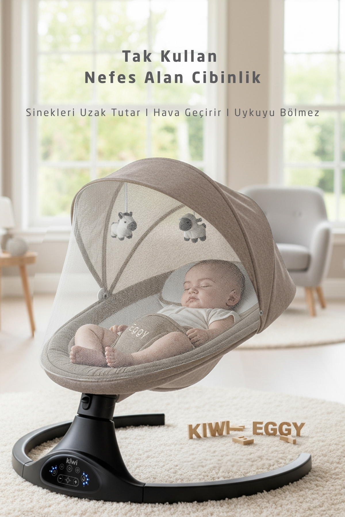 Kiwi Eggy Plus Elektrikli Otomatik Sallanan Bebek Ana Kucağı, 5 Farklı Sallanma Hızı, Oyuncaklı, Latte fotoğrafı 3 (önizleme)
