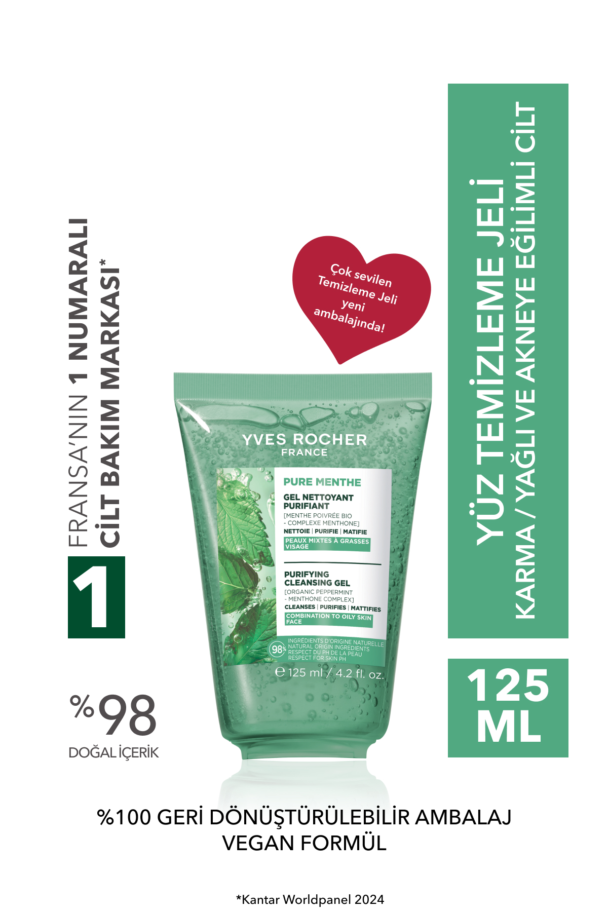 Yves Rocher Yüz Yıkama Jeli-Karma,Yağlı, Sivilce Eğilimli Cilt-Pure Menthe Arındırıcı Botanik Kompleks 125ml