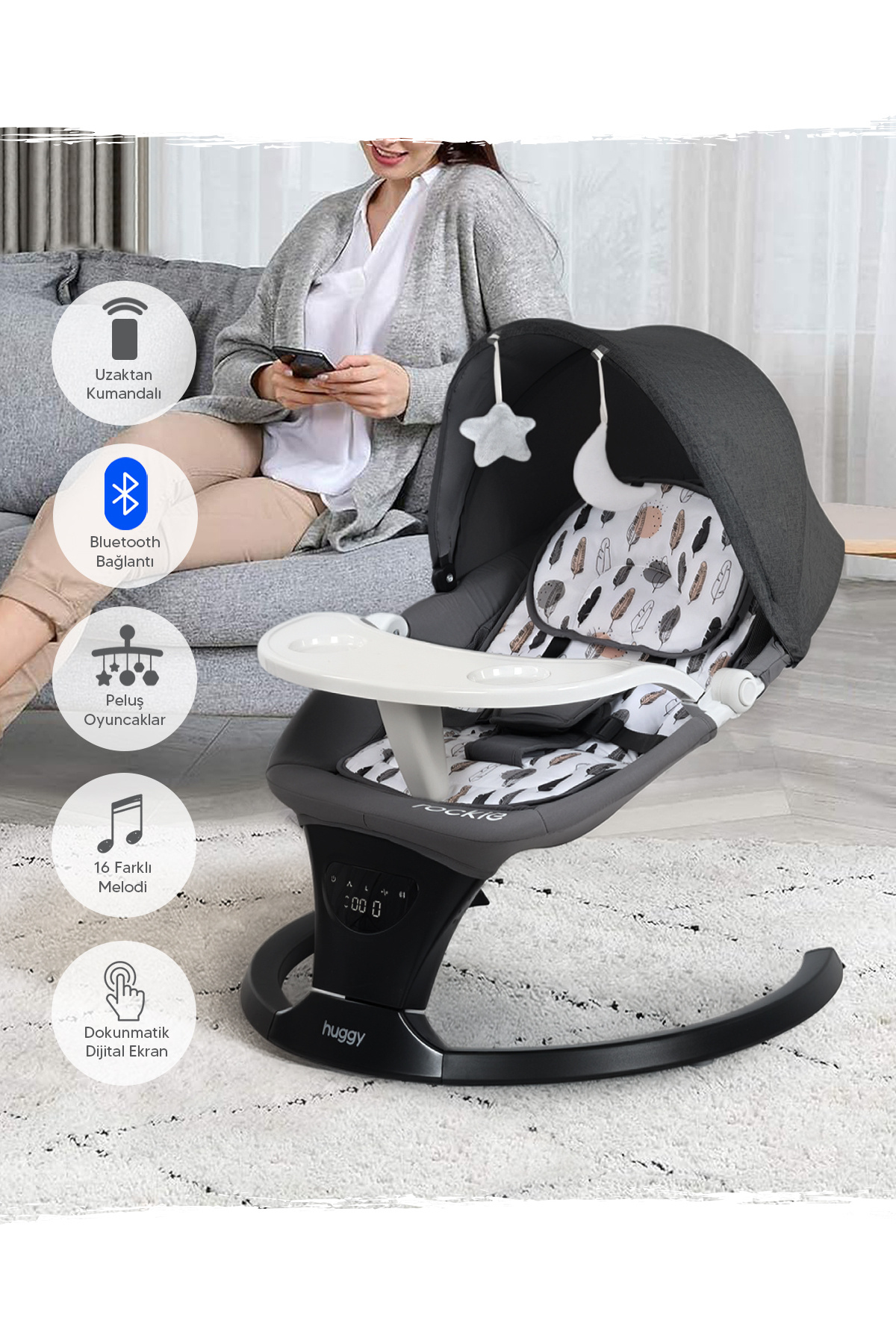 Huggy Rockie Gri Ana Kucağı – Otomatik Sallanır, Bluetooth Müzikli, Kumandalı fotoğrafı 4 (önizleme)