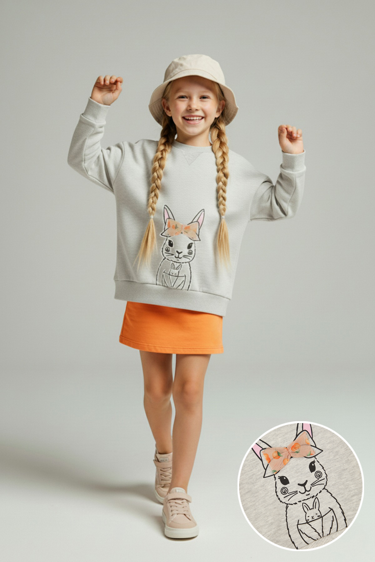 Trendyolmilla  Kar Melanj Animal Baskılı Regular Kalın/İçi Polarlı Kız Çocuk Örme Sweatshirt TKDAW26SW00050