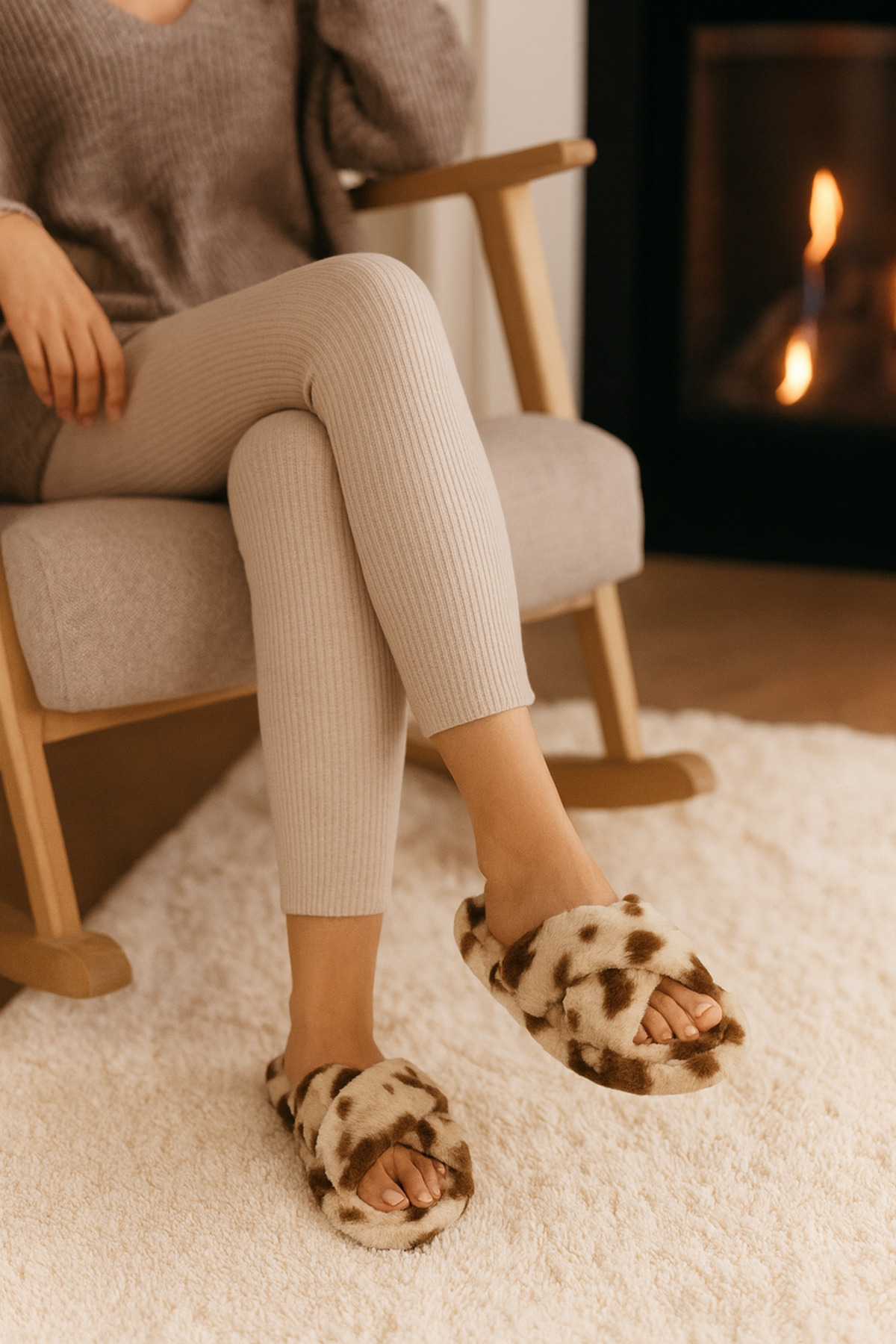 Beyond Kadın Dalmaçya Desenli Vizon Bej Çapraz Bantlı Tüylü Ev Terliği BYNDCAP01