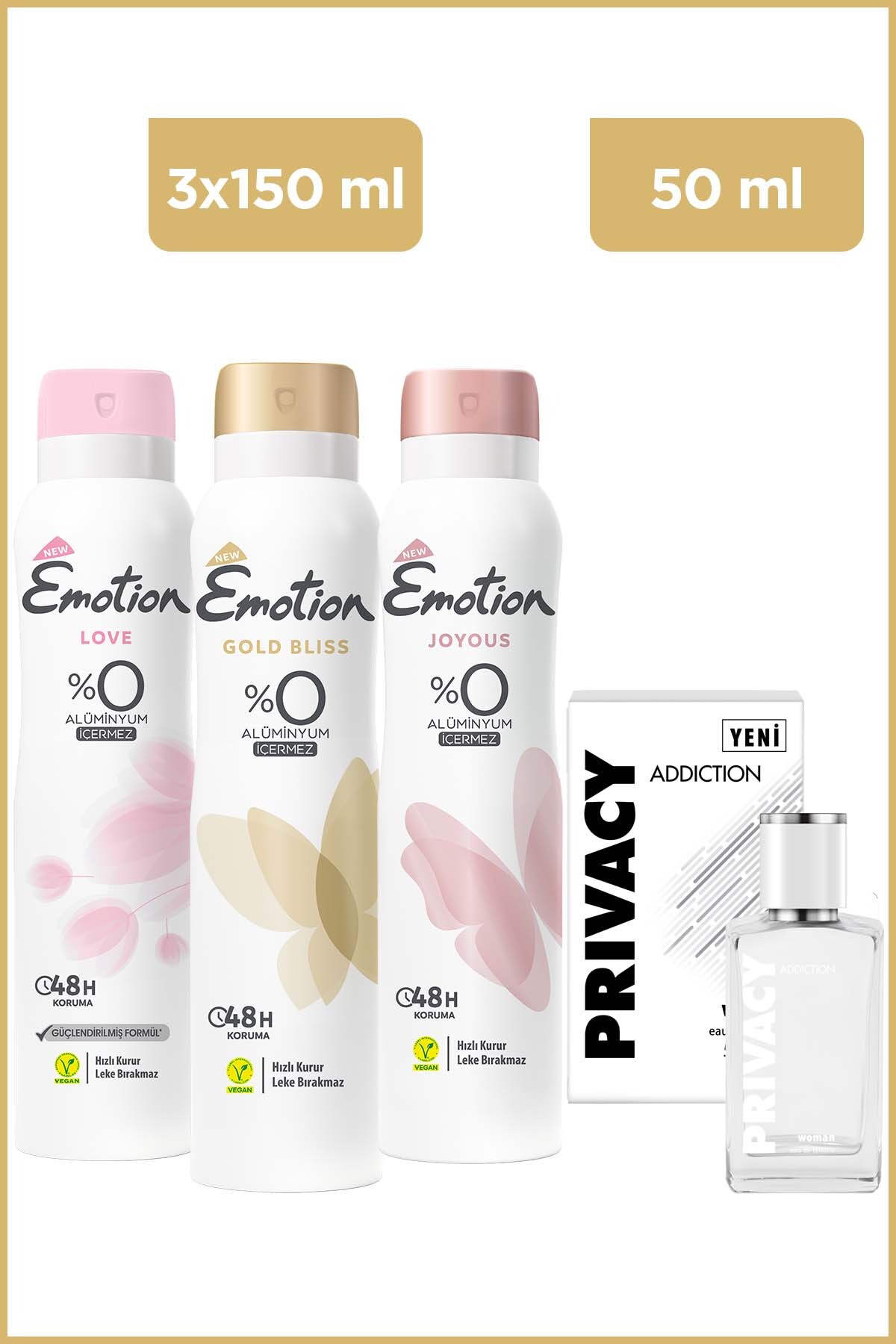 Privacy Woman Addiction Edt 50 Ml Kadın Parfüm & Emotion Gold Bliss, Joyous, Love Kadın Deodorant 3x150 Ml