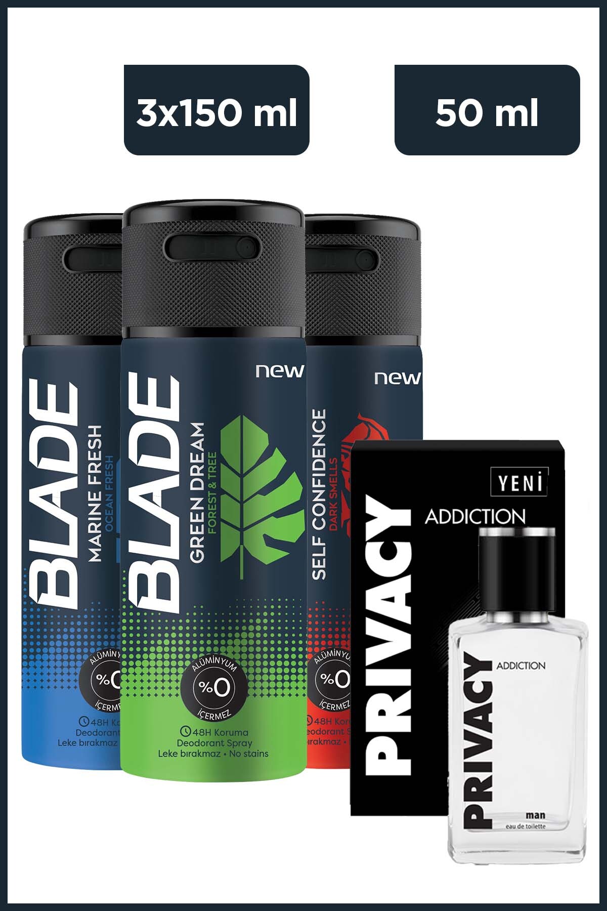 Privacy Addiction Men Edt 50 Ml&Blade Green Dream,MarineFresh,Self Confidence Erkek Deodorant 3x150Ml