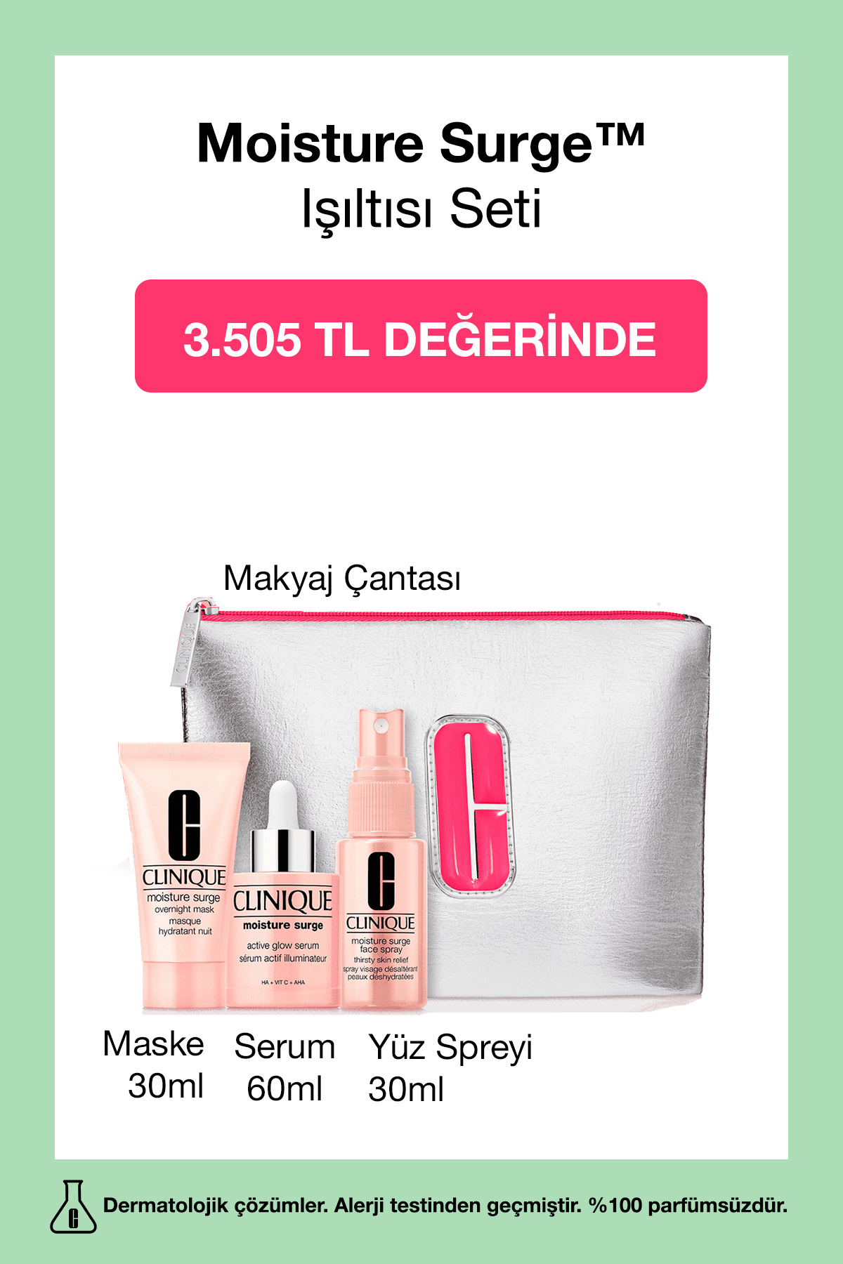 Clinique Moisture Surge™ Işıltısı Seti | Işıltı Serumu 30ml, Maske 30ml, Yüz Spreyi 30ml