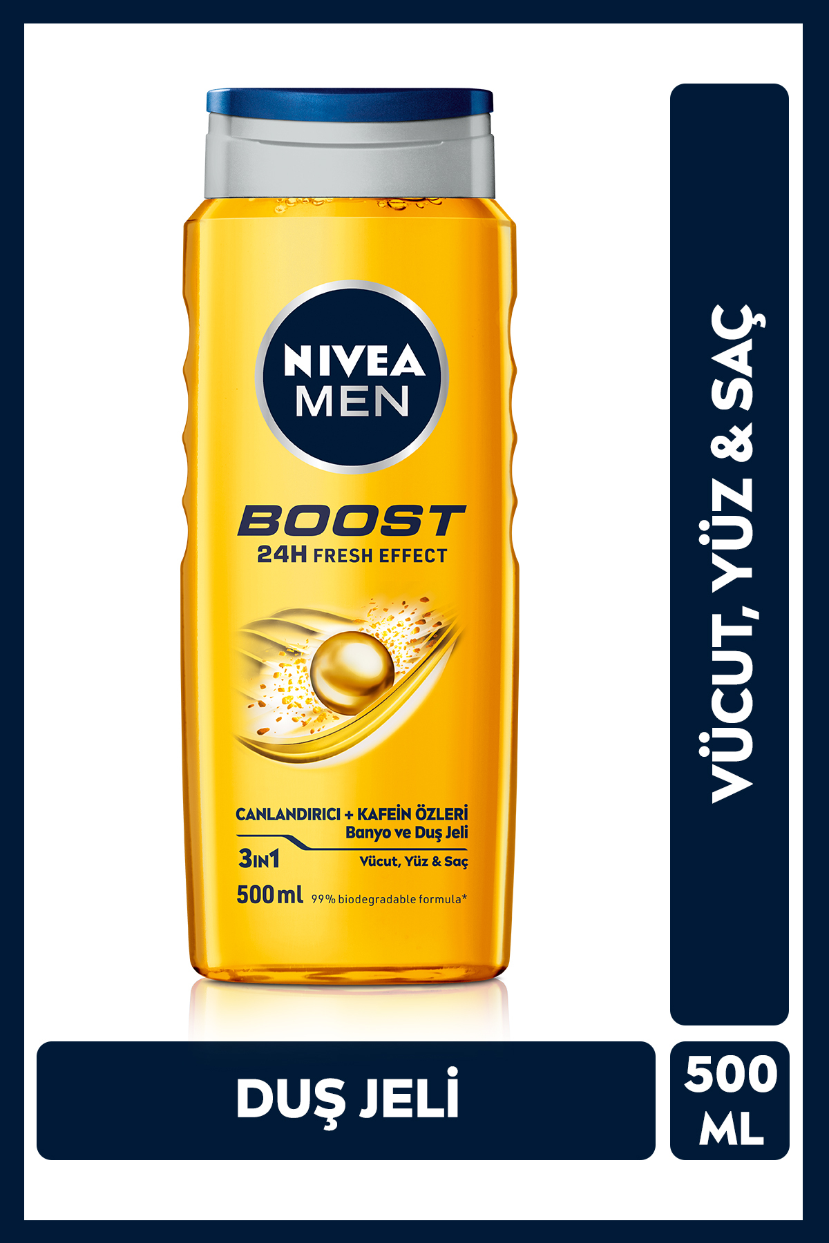 NIVEA MEN Erkek Duş Jeli Boost 500ml, Vücut Yüz Saç, Nane Özleri, Kafein ile Canlandırıcı, Erkeksi Koku