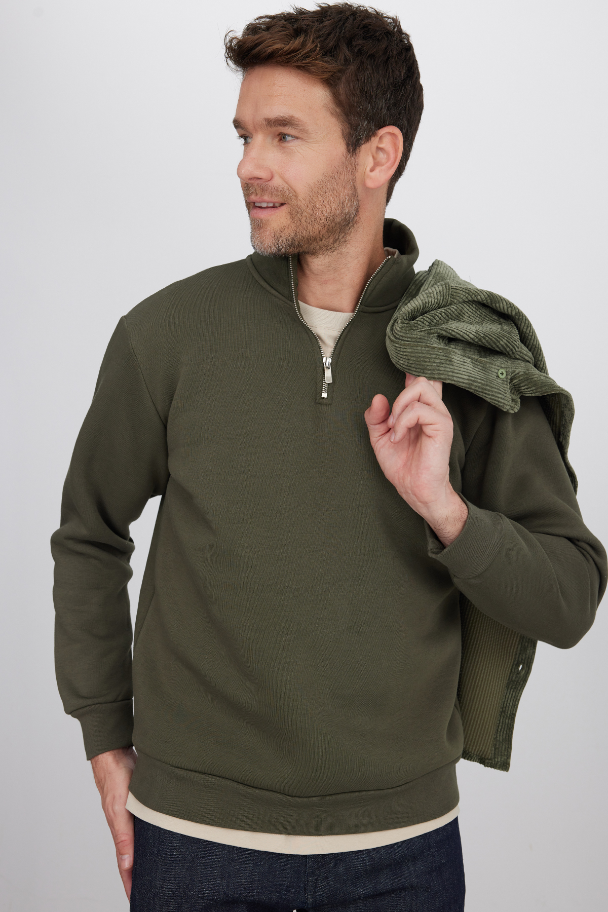 Tudors Unisex Relax Fit Rahat Kesim Pamuklu İçi Polarlı Yarım Fermuarlı Haki Dik Yaka Sweatshirt