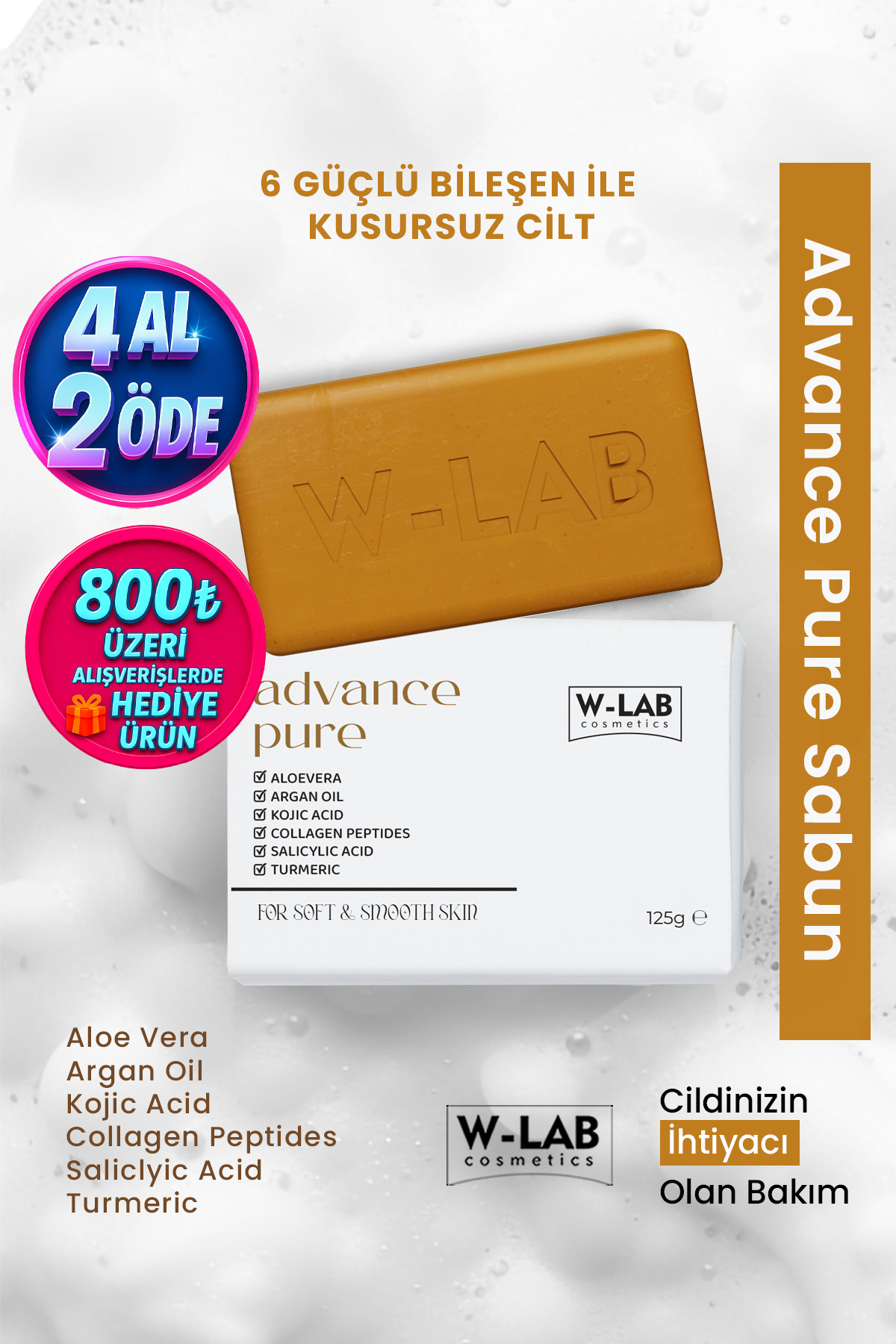 W-Lab Kozmetik Advance Pure Aloe Vera, Argan Yağı, Kojik Asit, Kolajen, Salisilik Asit, Zerdeçal Multi Sabun 125 g