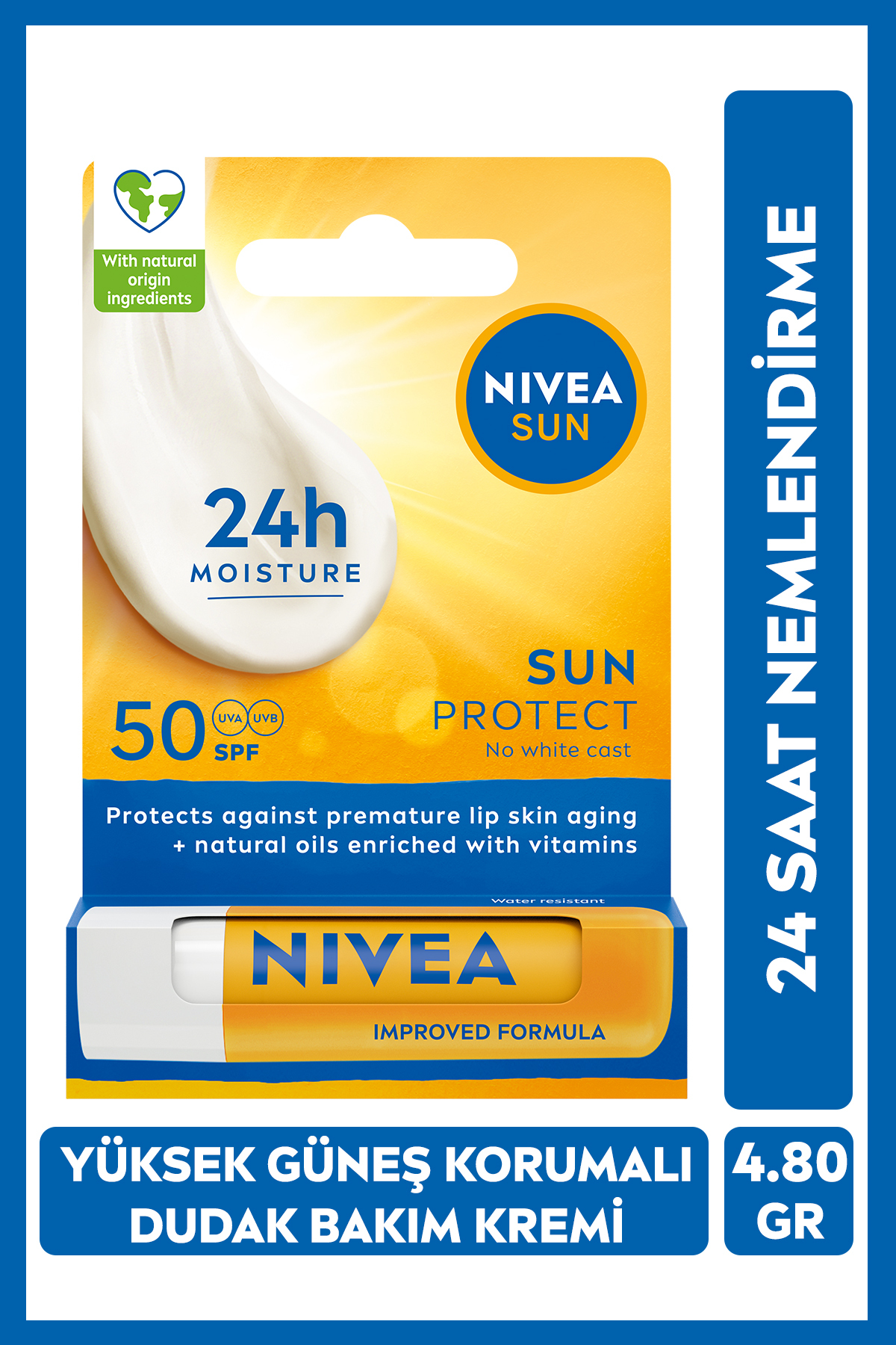NIVEA SUN SPF50 Yüksek Güneş Korumalı Nemlendirici Renksiz Dudak Bakım Kremi 4,8gr, C ve E Vitamini