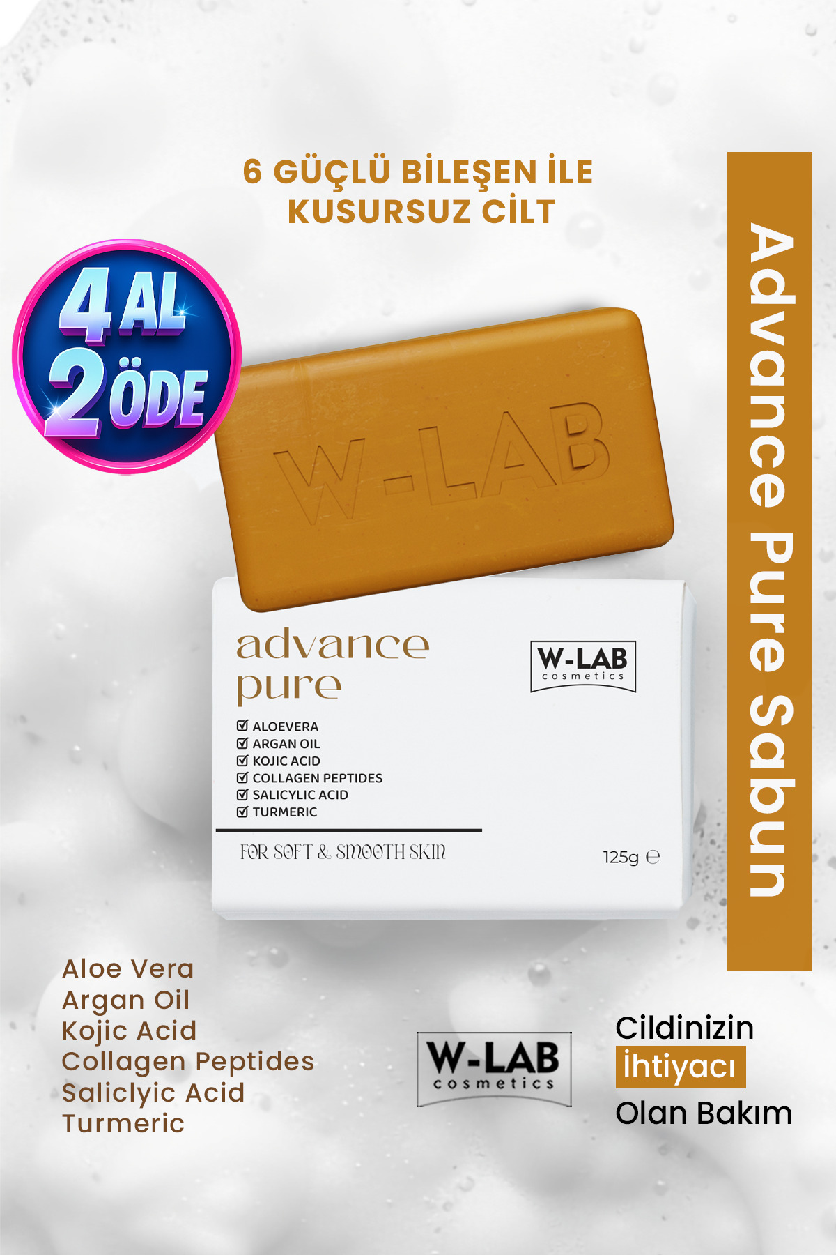 W-Lab Kozmetik Advance Pure Aloe Vera, Argan Yağı, Kojik Asit, Kolajen, Salisilik Asit, Zerdeçal Multi Sabun 125 g