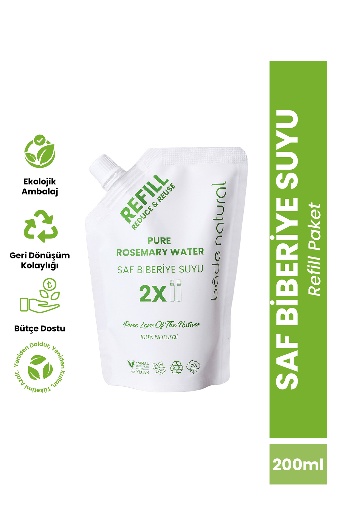 Bade Natural Biberiye Suyu Güçlendirici Saç Toniği Refill Paket 200 ml %100 Doğal Ve Saf