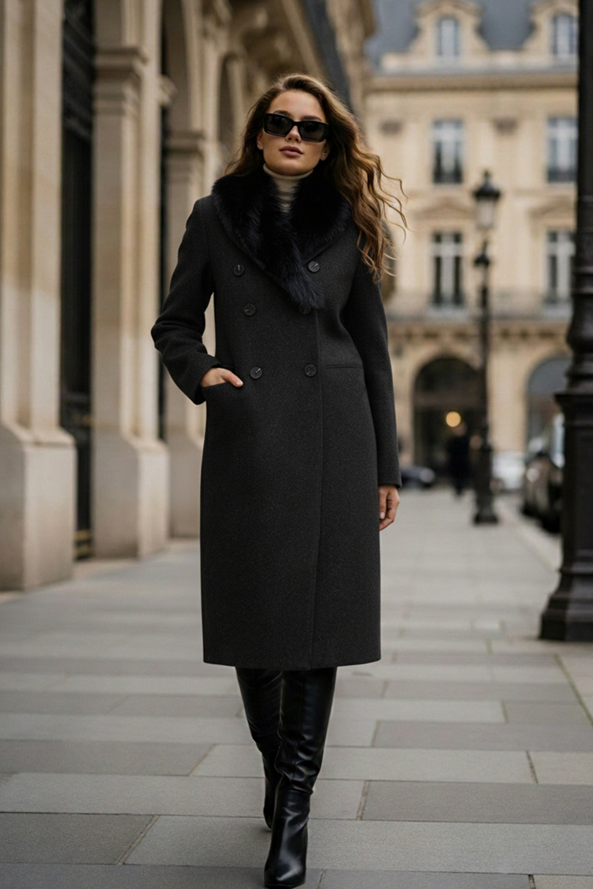 Trendyol Collection Anthrazitfarbener, abnehmbarer Pelzkragen, diagonaler zweireihiger Oversize-Mantel mit langen Paspeln TWOAW26KB00038