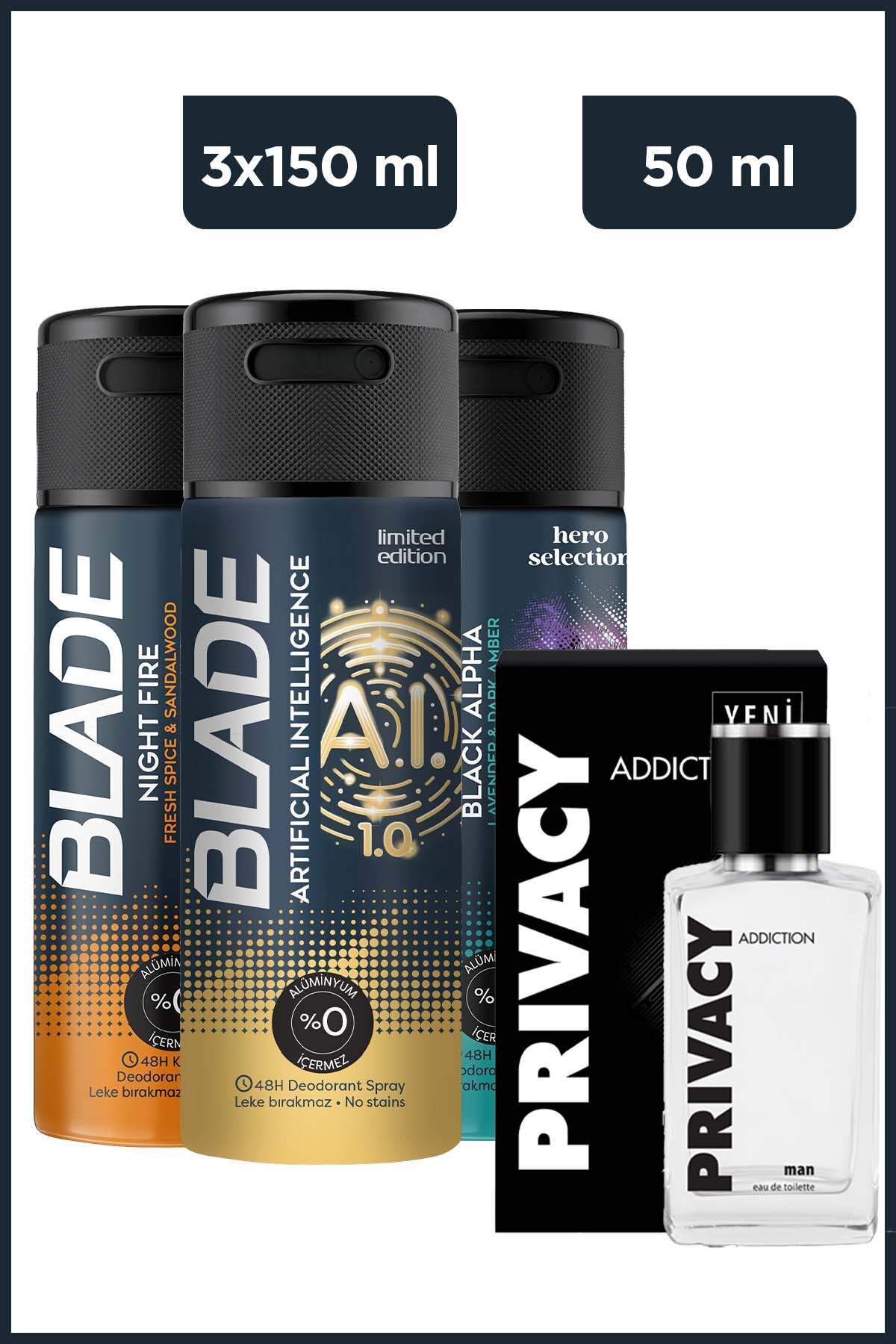 Privacy Addiction Men Edt 50 ml Parfüm & Blade Black Alpha ,Night Fire,Artificial Intelligence 1.0 3x150 Ml