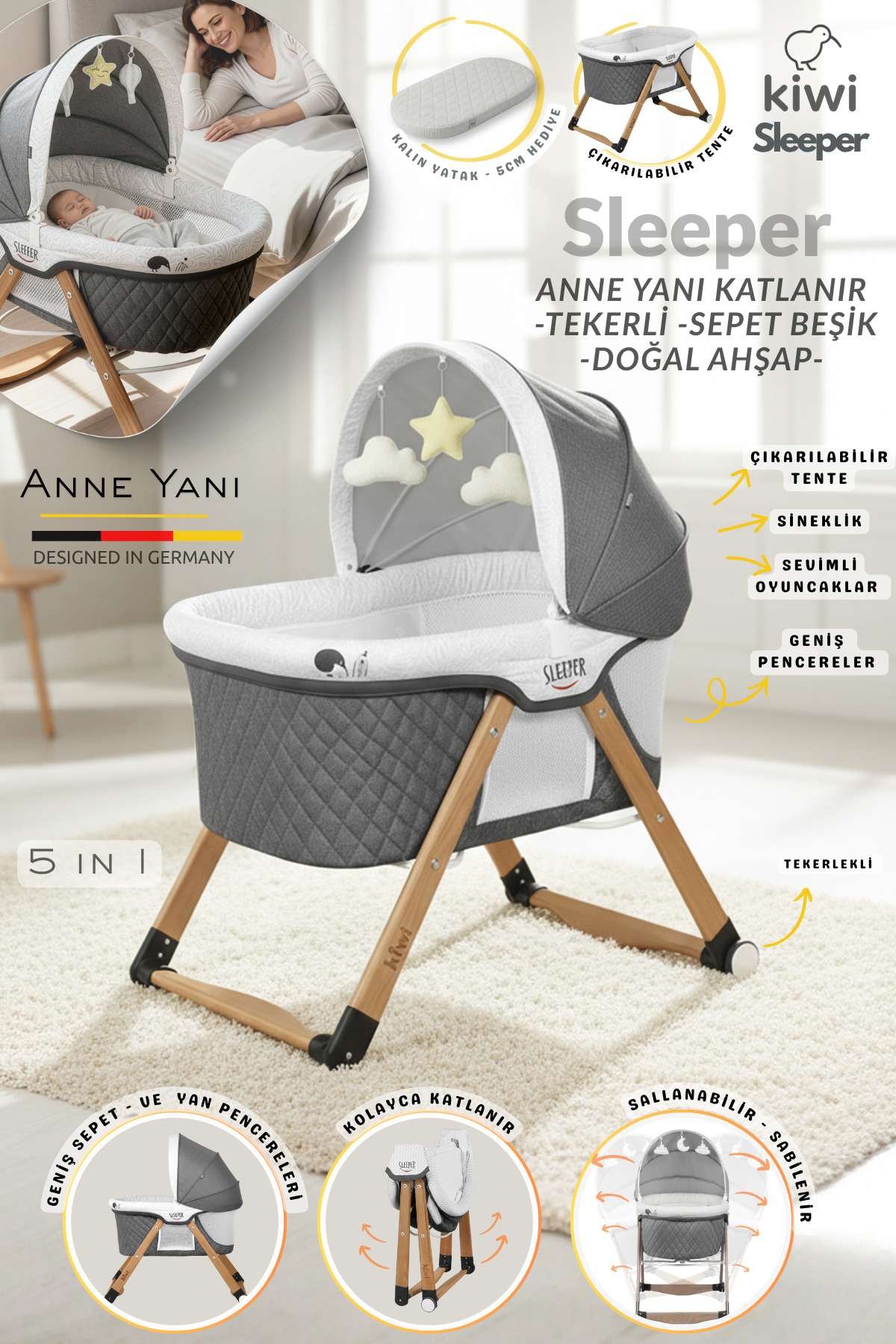 Kiwi Sleeper Anne Yanı Reflü Ayarlı Park Yatak Tekerli Katlanır Ahşap Beşik- Gri fotoğrafı 2 (önizleme)