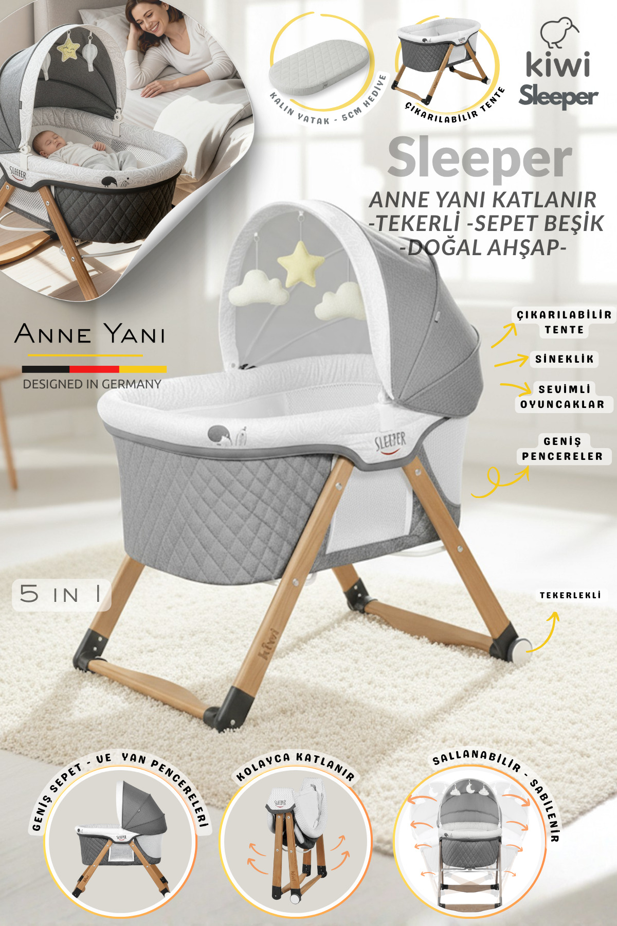 Kiwi Sleeper Anne Yanı Reflü Ayarlı Park Yatak Tekerli Katlanır Ahşap Beşik- Vizon