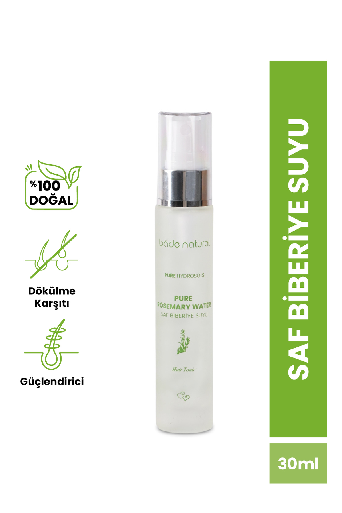 Bade Natural Biberiye Suyu Güçlendirici Saç Toniği Dökülme Karşıtı Seyahat Boyu %100 Doğal ve Saf 30 ml