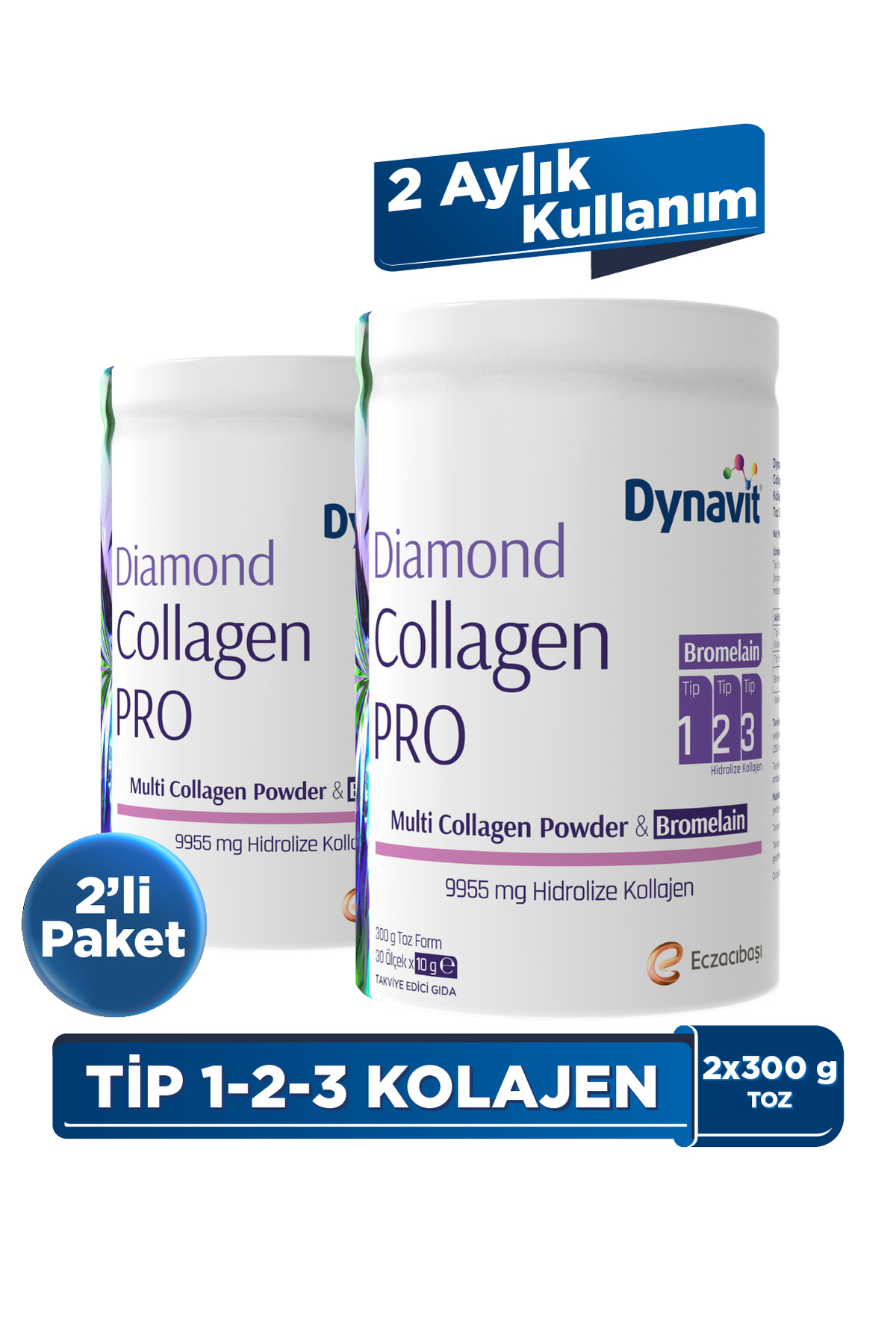 Dynavit Multi Collagen&Bromelain 300g Toz x2-Hidrolize Peptit Tip 1&3 Sığır ve Tip 2 Tavuk Kolajen,Bromelain