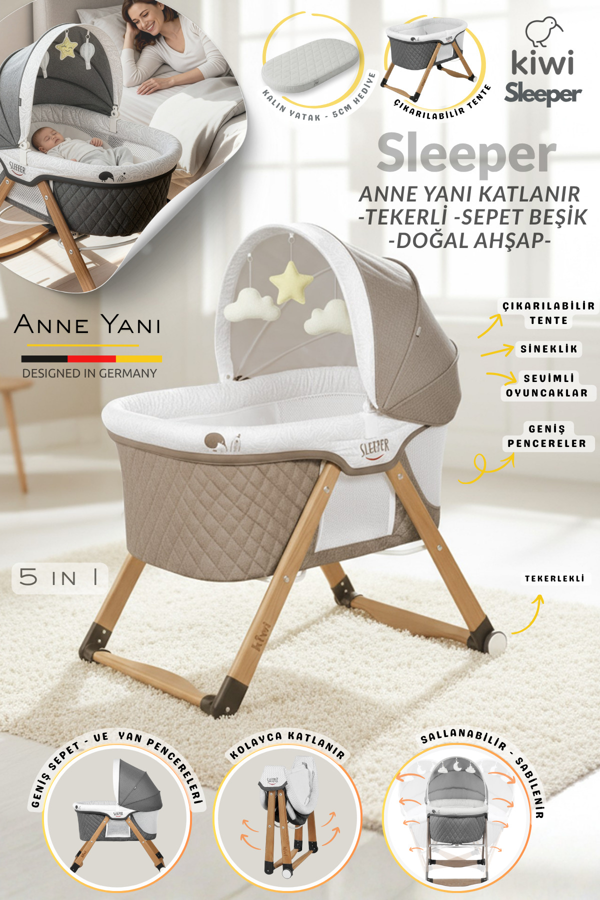 Kiwi Sleeper Anne Yanı Reflü Ayarlı Park Yatak Tekerli Katlanır Ahşap Beşik- Kahve fotoğrafı 2 (önizleme)