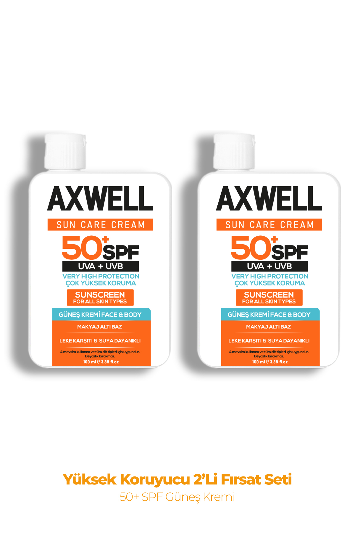 AXWELL Spf 50+ 2li Fırsat Seti Leke Karşıtı Nemlendirici Yüksek Koruma Güneş Kremi 100ml