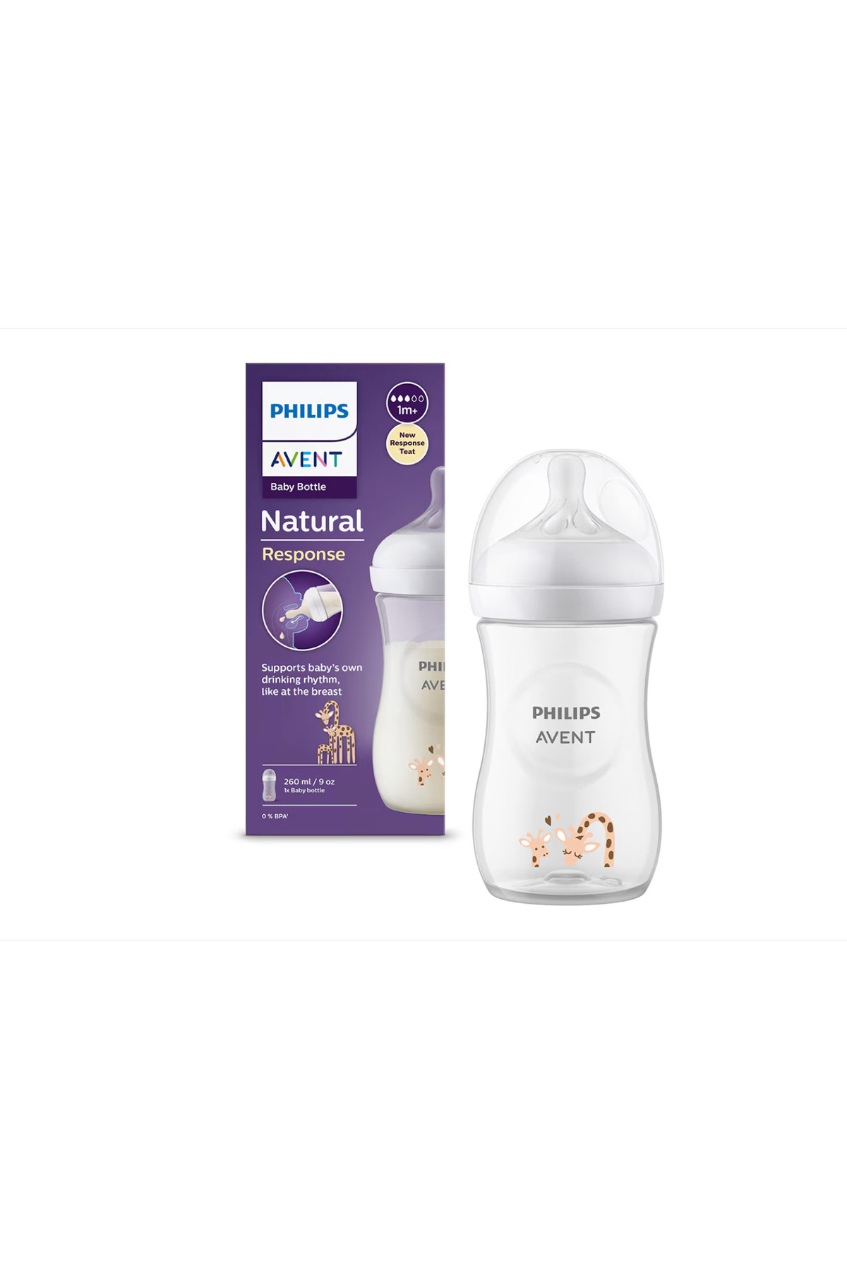 Philips Avent Biberon PHILIPS AVENT SCY903/66, Natural Response, 260 ml, debetní zapůjčení, 1 lună+, model žirafa