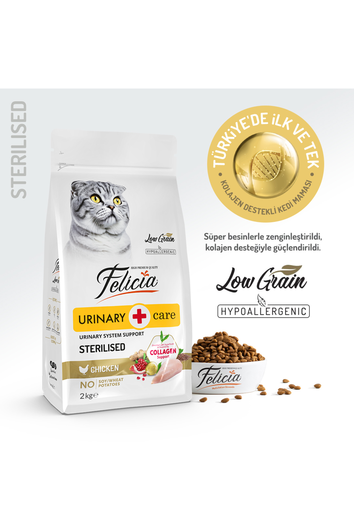 Felicia Kolajen Destekli Hipoalerjenik Tavuklu Kısırlaştırılmış Yetişkin Kedi Maması 2KG