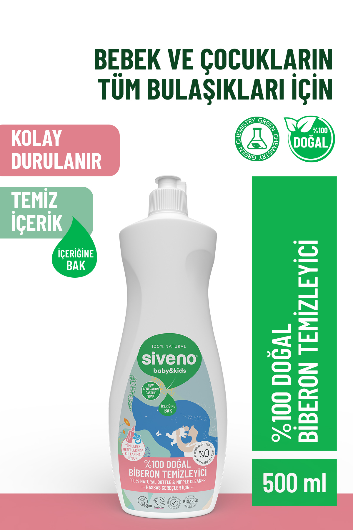 Siveno %100 Doğal Emzik Ve Biberon Temizleyicisi Bitkisel Elde Bulaşık Sabunu Nemlendirici Vegan 500 ml