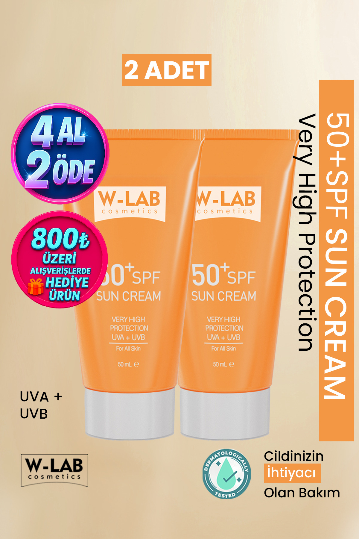 W-Lab Kozmetik Koruyucu 50+Spf  Güneş Kremi 50 ml 2 li Set
