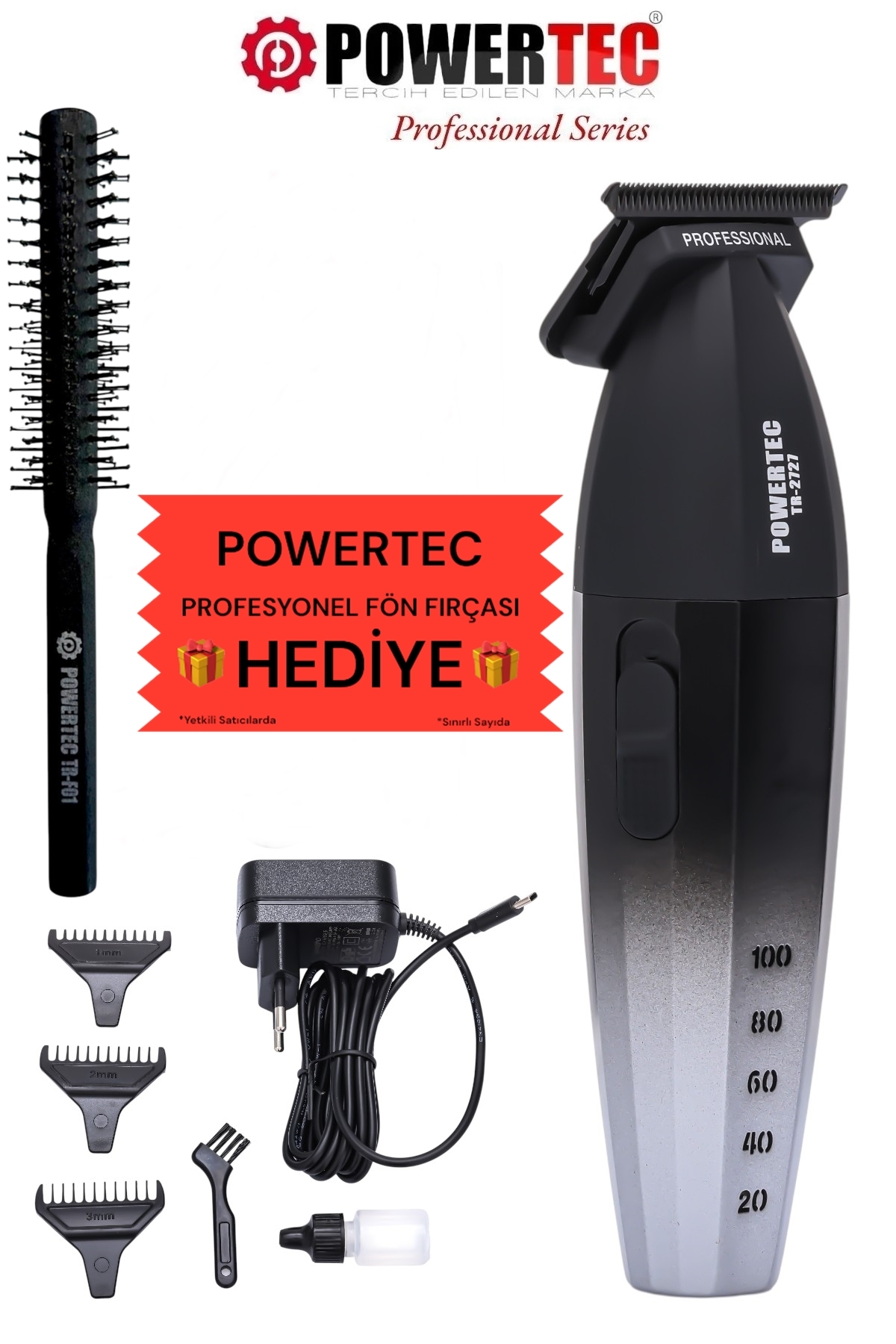 POWERTEC TR-2727 Black Profesyonel Type-C Şarjlı Sakal Ense Çizim Tıraş Makinesi