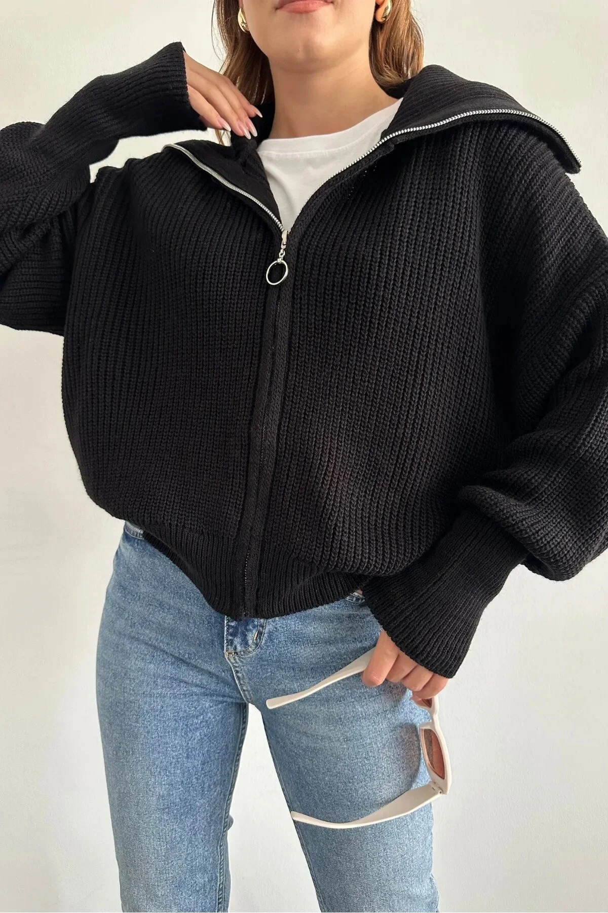 Genel Markalar Swc Kadın Siyah Devrik Yaka Fermuarlı Triko Hırka