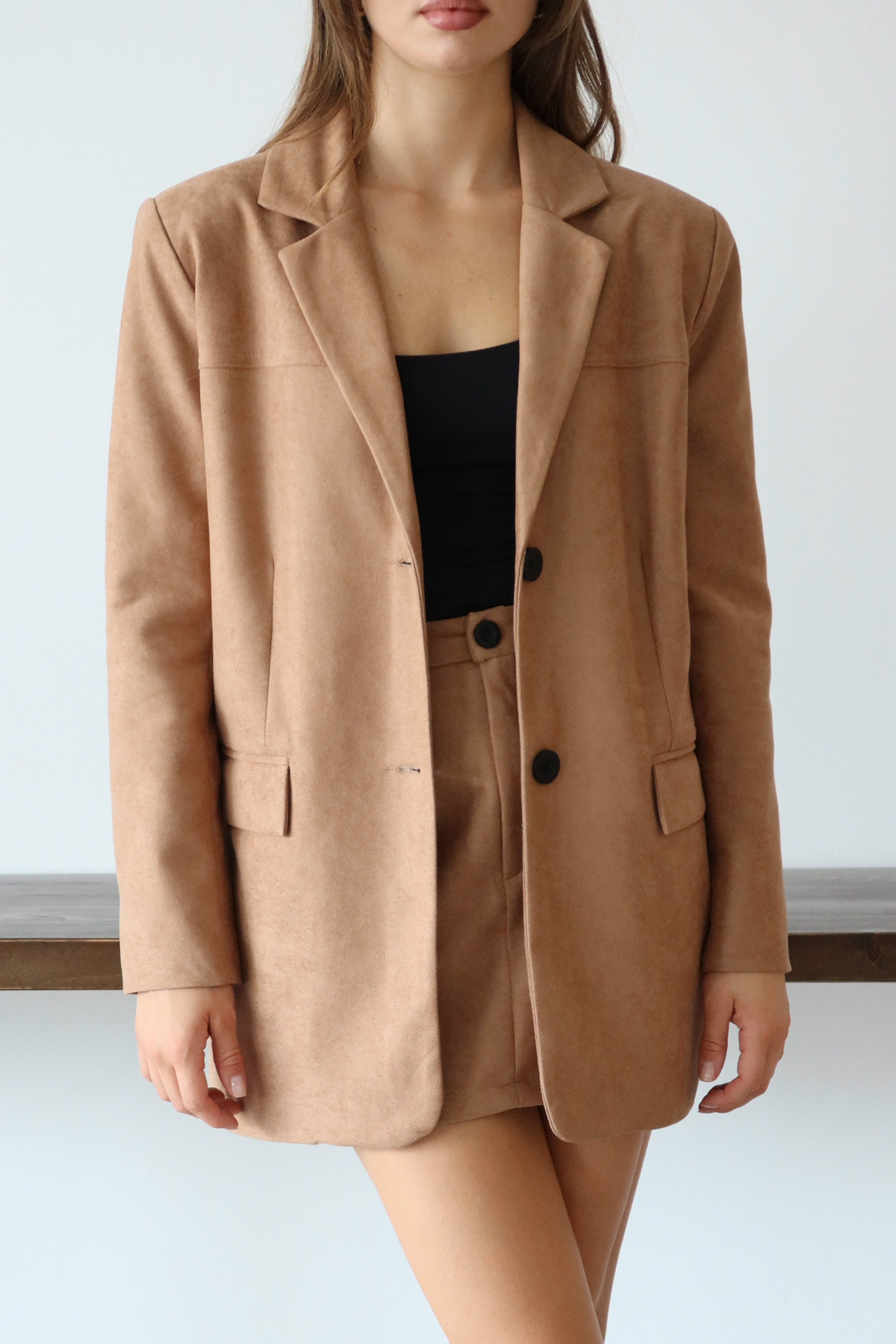 Trendyolmilla  Kahverengi Dokuma Süet Uzun Ceket Mini Etek Alt Üst Takım TWOAW26AU00105 - Görsel 3