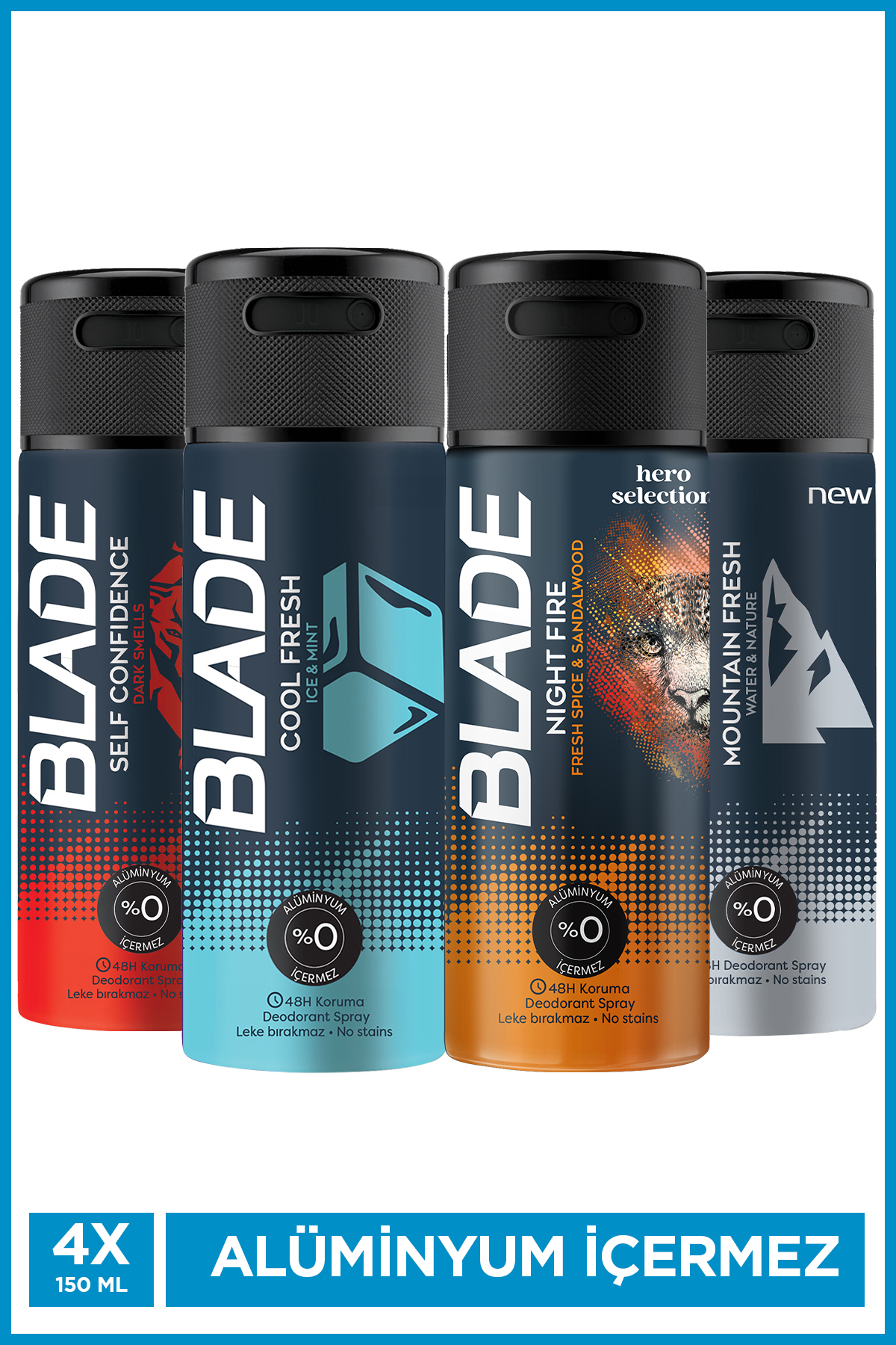 Blade Erkek Deodorant Seti 4x150 Ml (Cool Fresh,Night Fire,Self Confidence,Mountain Fresh) Leke Bırakmaz