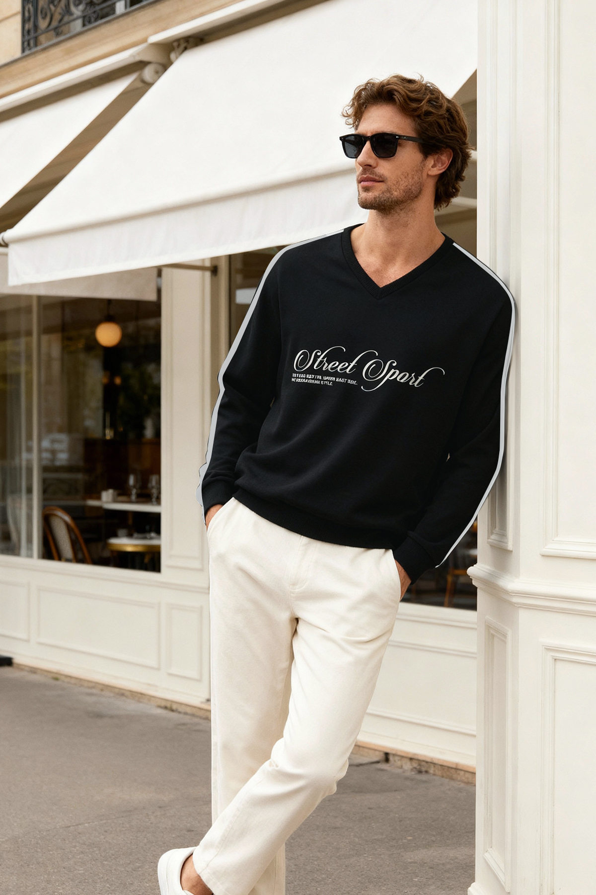 Trendyolmilla Man Siyah More Sustainable Oversize/Geniş Kesim V Yaka Yazı Baskılı Şardonsuz Sweatshirt TMNAW25SW00208