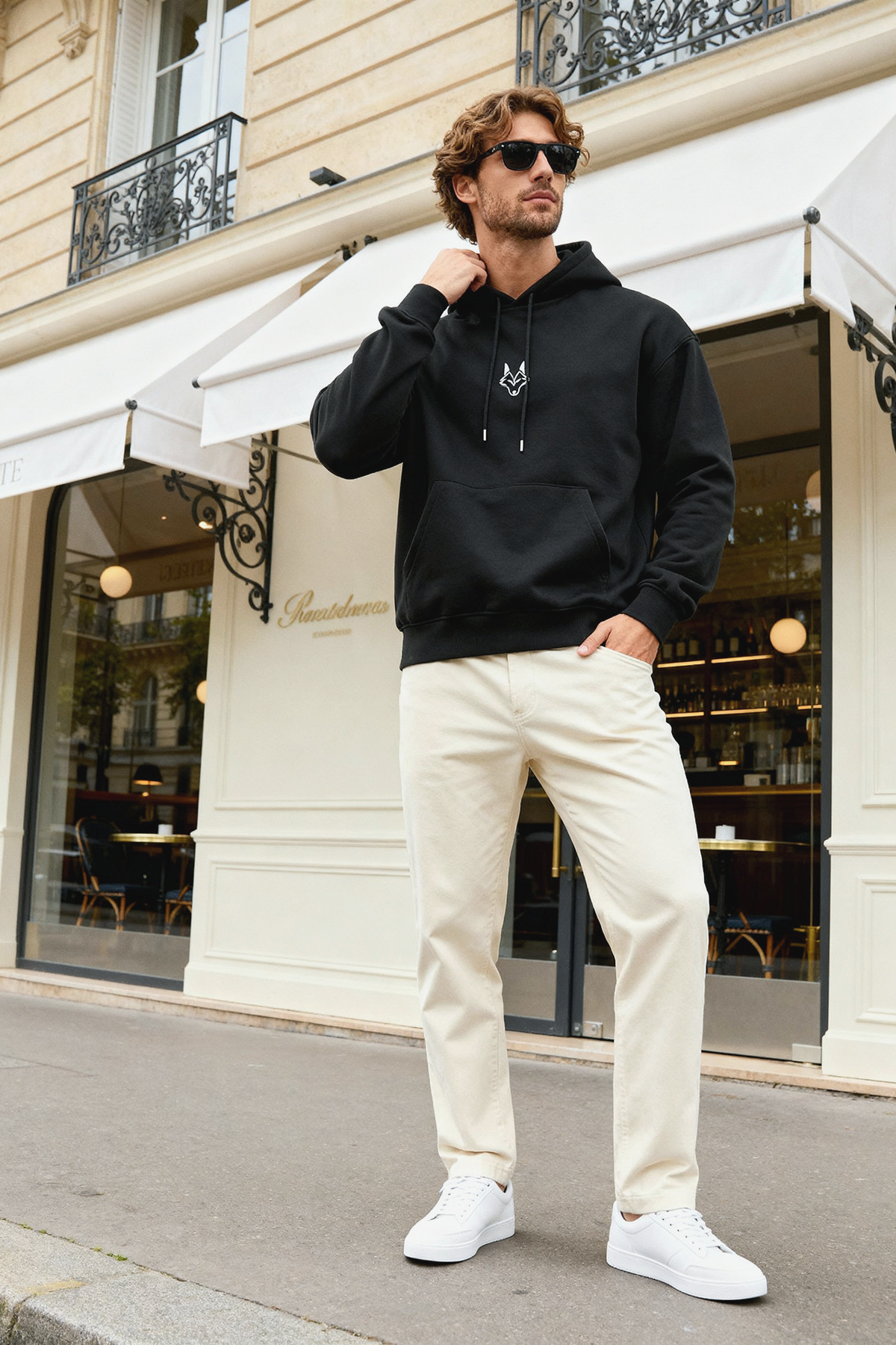 Trendyolmilla Man Siyah Oversize/Geniş Kesim Kapüşonlu İçi Polarlı Kurt Nakışlı Sweatshirt TMNAW24SW00018