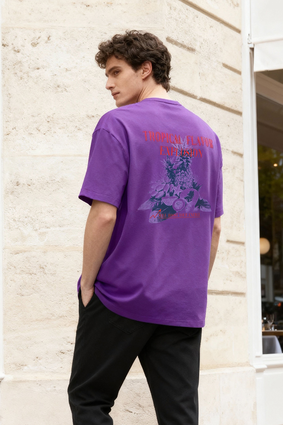 Trendyolmilla Man Mor Oversize/Geniş Kesim Meyve Sırt Baskılı %100